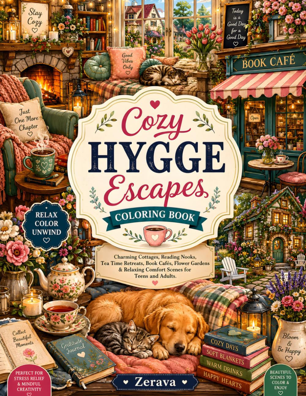 Cozy Hygge Escapes Coloring Book: Charming Cottages, Reading Nooks, Tea Time Retreats, Book Cafés, Flower Gardens & Relaxing Comfort Scenes for Teens and Adults.