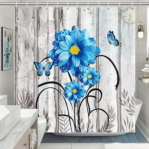 Miniatura 2 de Cortinas de ducha con diseño de mariposas florales para baño, cortina de ducha rústica, tela de margaritas azules sobre madera campestre, juego de