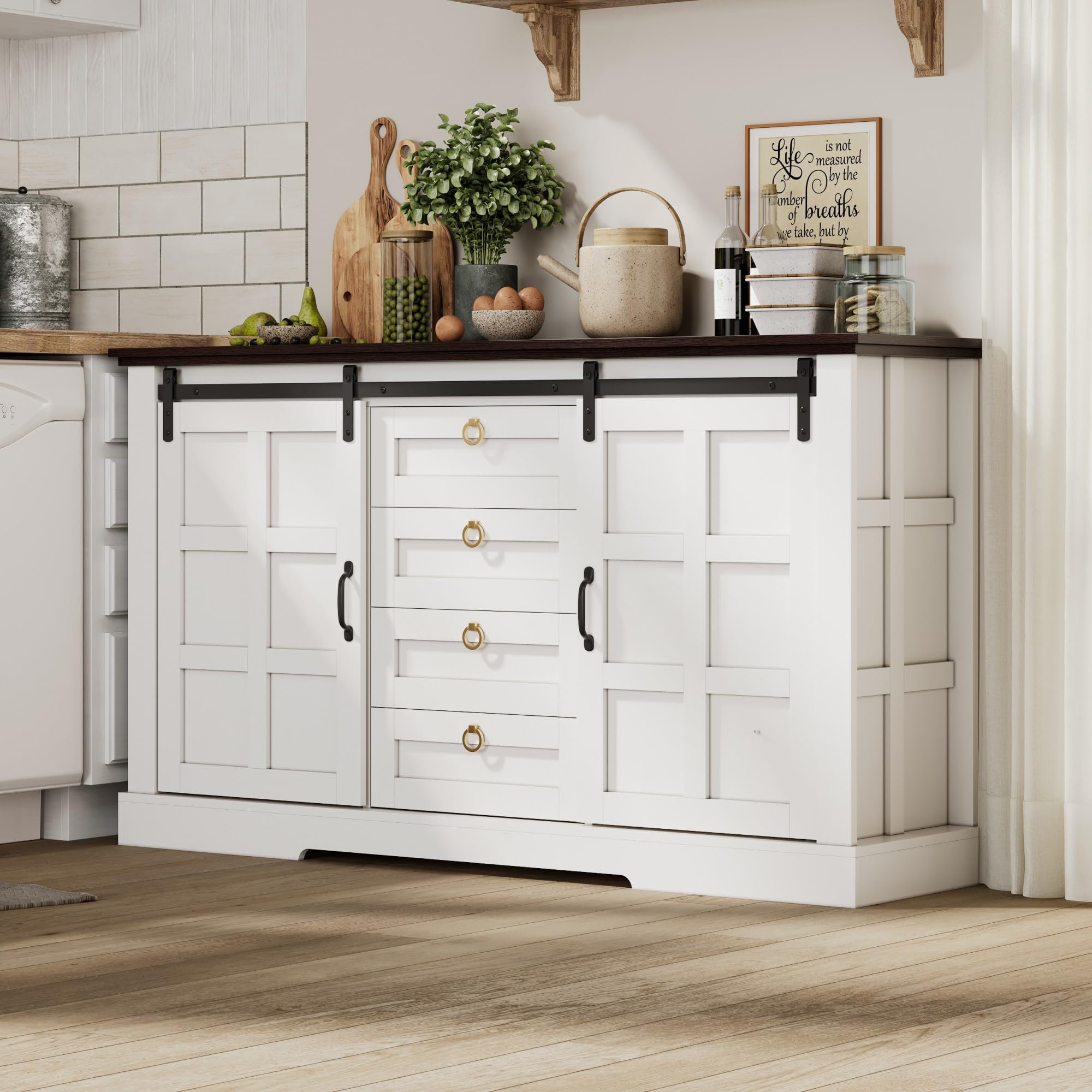 BTM Sideboard mit Stauraum und Schiebetüren Küchenschrank Kommode Landhausstil Sideboard Wohnzimmer Buffetschrank Weiß