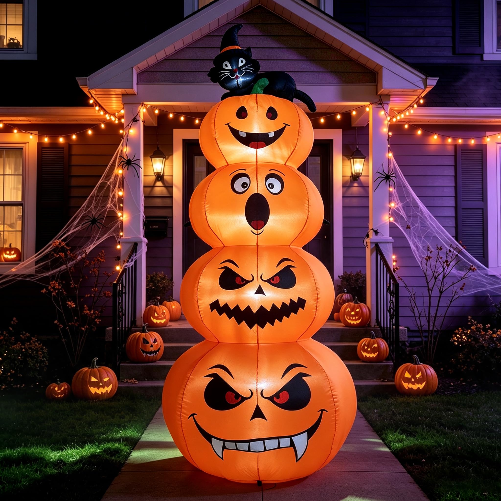 8FT Halloween Inflatable Stacked Pumpkins with Black Cat &amp; LED Lights