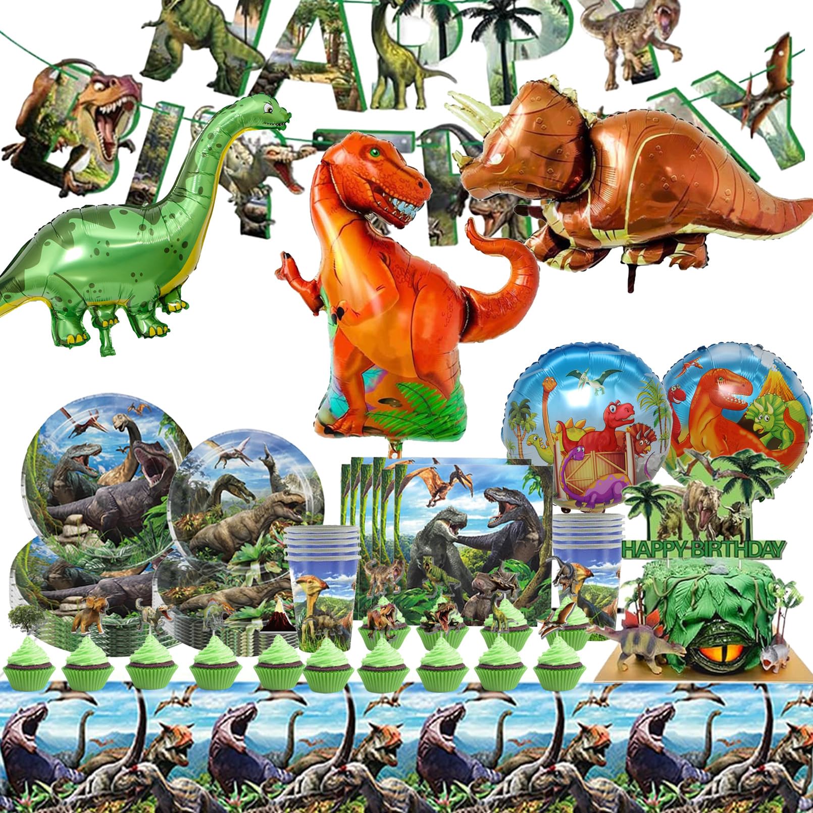 73 Pezzi Dinosauri Stoviglie per Feste di Compleanno，Addobbi Compleanno Dinosauri，Tovaglia, Piatti di Carta，Adatto a 10 persone