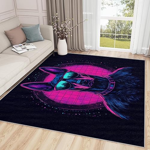 Neon Rugs for Gaming Room - Doberman Rug, 3x4 Rug, Retro Cyberpunk Area Rug, Cool Dog Washable Non Slip Rugs, Futuristic Vaporwave Carpet - Home