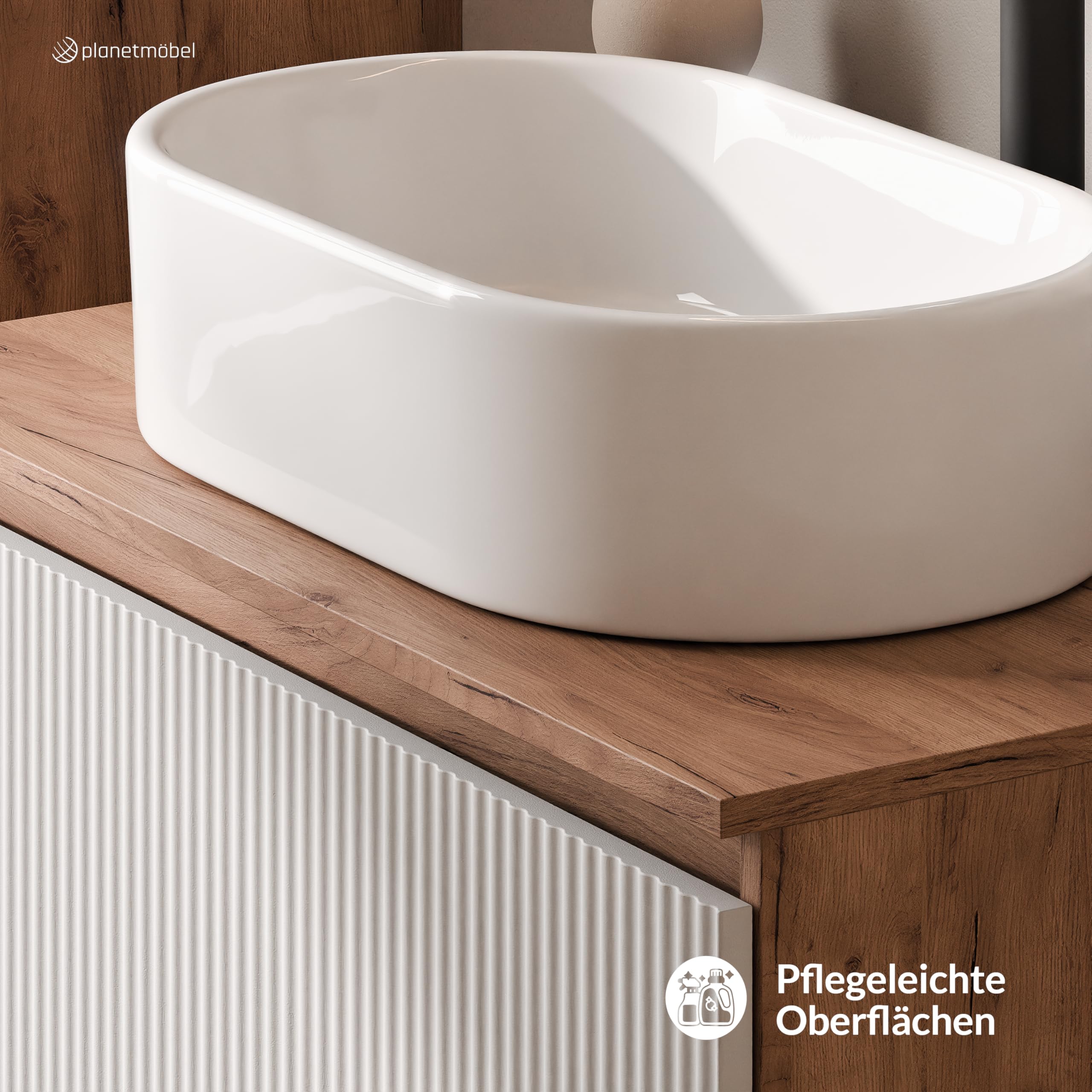 Planetmöbel Arisa - Juego de muebles de baño con armario bajo (80 cm, roble dorado y blanco estriado) con espejo NOVA y armario alto, lavabo de 55 cm, color blanco, incluye sifón para ahorrar espacio