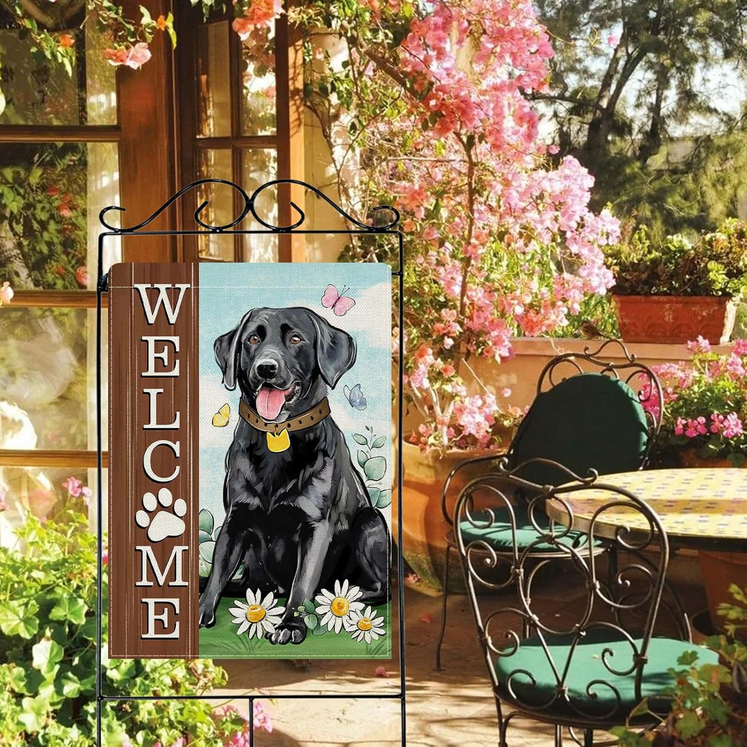Dyrenson Welcome Black Labrador Dog 28 x 40 House Flag Double Sided, Paw Print Garden Yard Decoration Pet Owner Lover Gifts, Spring Summer Farmhouse Burlap Outdoor Decor Decorative Large Flag