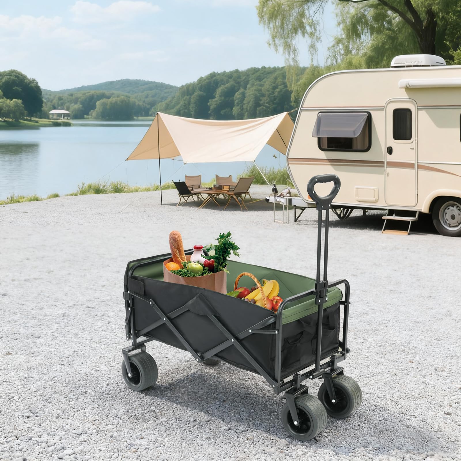 Carrello pieghevole da spiaggia, per la spesa e per attività | Carrello da spiaggia in tessuto Oxford 600D e telaio in acciaio, portata 150 kg, per la spesa, il campeggio, il giardino