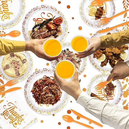 Miniatura 8 de Juego de vajilla desechable de Acción de Gracias, 202 piezas, decoración de fiesta naranja, sirve 24 platos de papel, servilletas, vasos, globos de