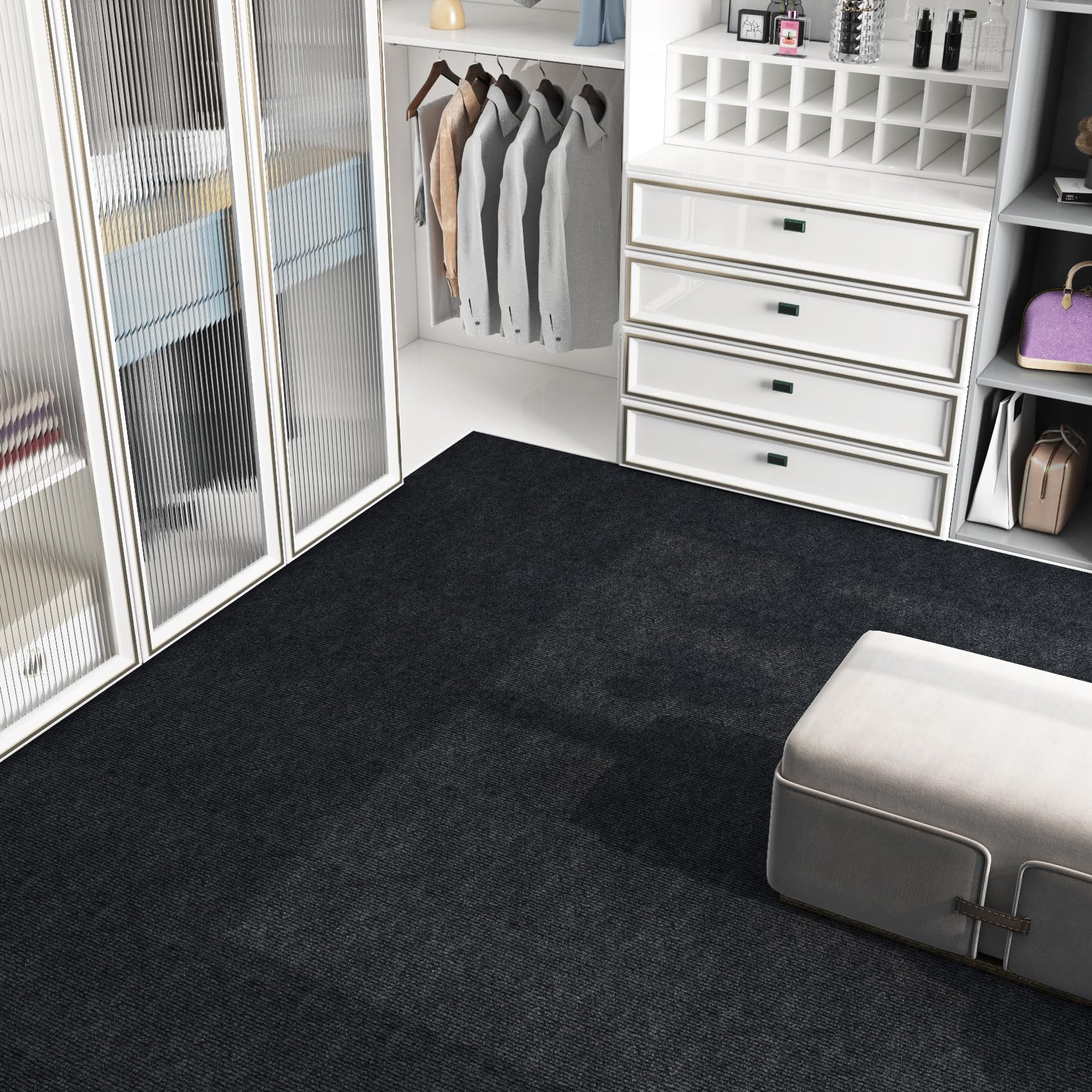FunStick 30×30CM 15 Piastrelle di Moquette per Pavimenti Nero Antracite Lavabile Moquette Pavimento Interno per Soggiorno Moquette Nera Adesiva Piastrelle Cucina Bagno Antiscivolo Tappeto Nero Adesivo