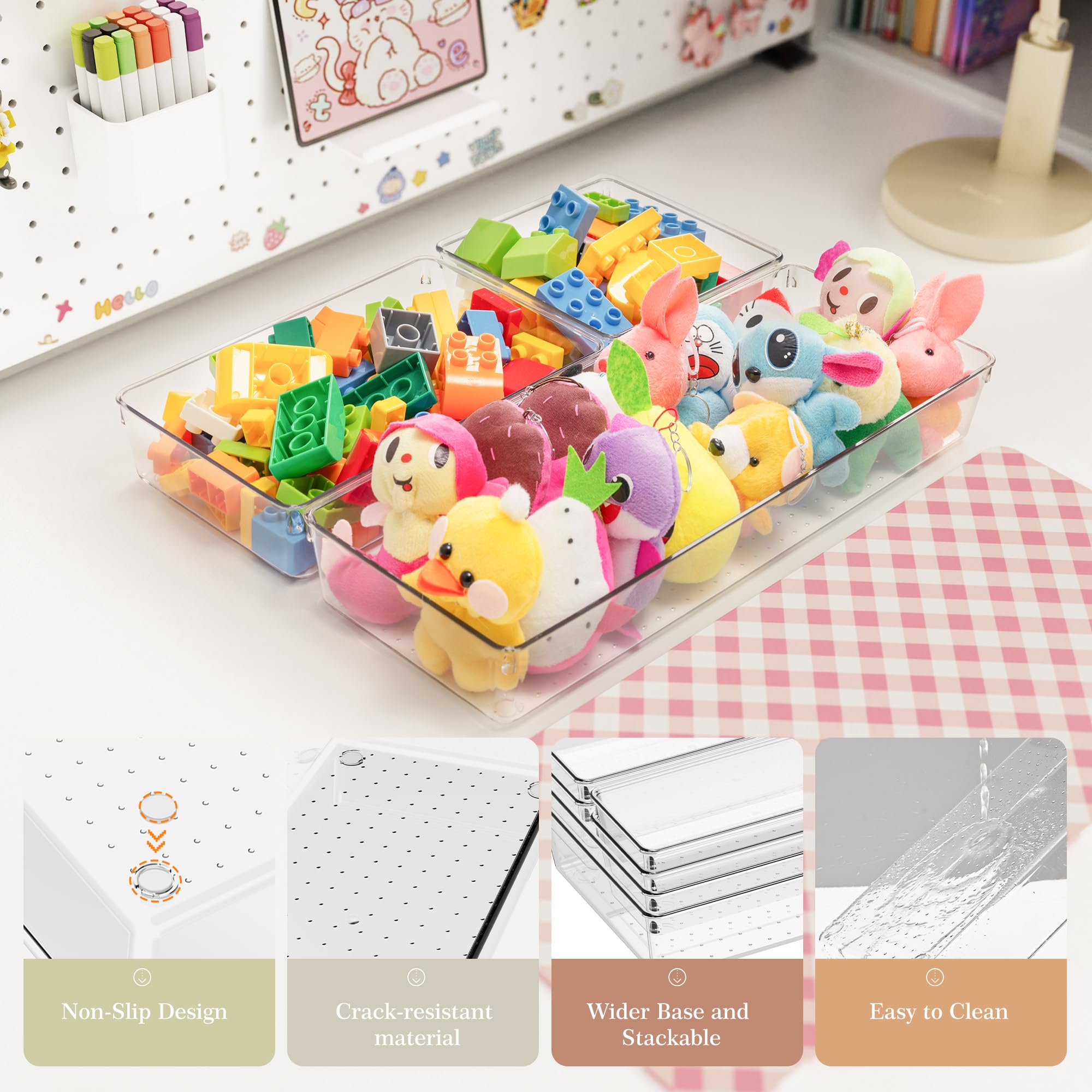 Criusia Organizer per cassetti, 5 dimensioni, versatili, per bagno e toeletta, confezione da 20 organizer per cassetti da cucina, in plastica trasparente, contenitori per trucchi, bagno, gioielli e