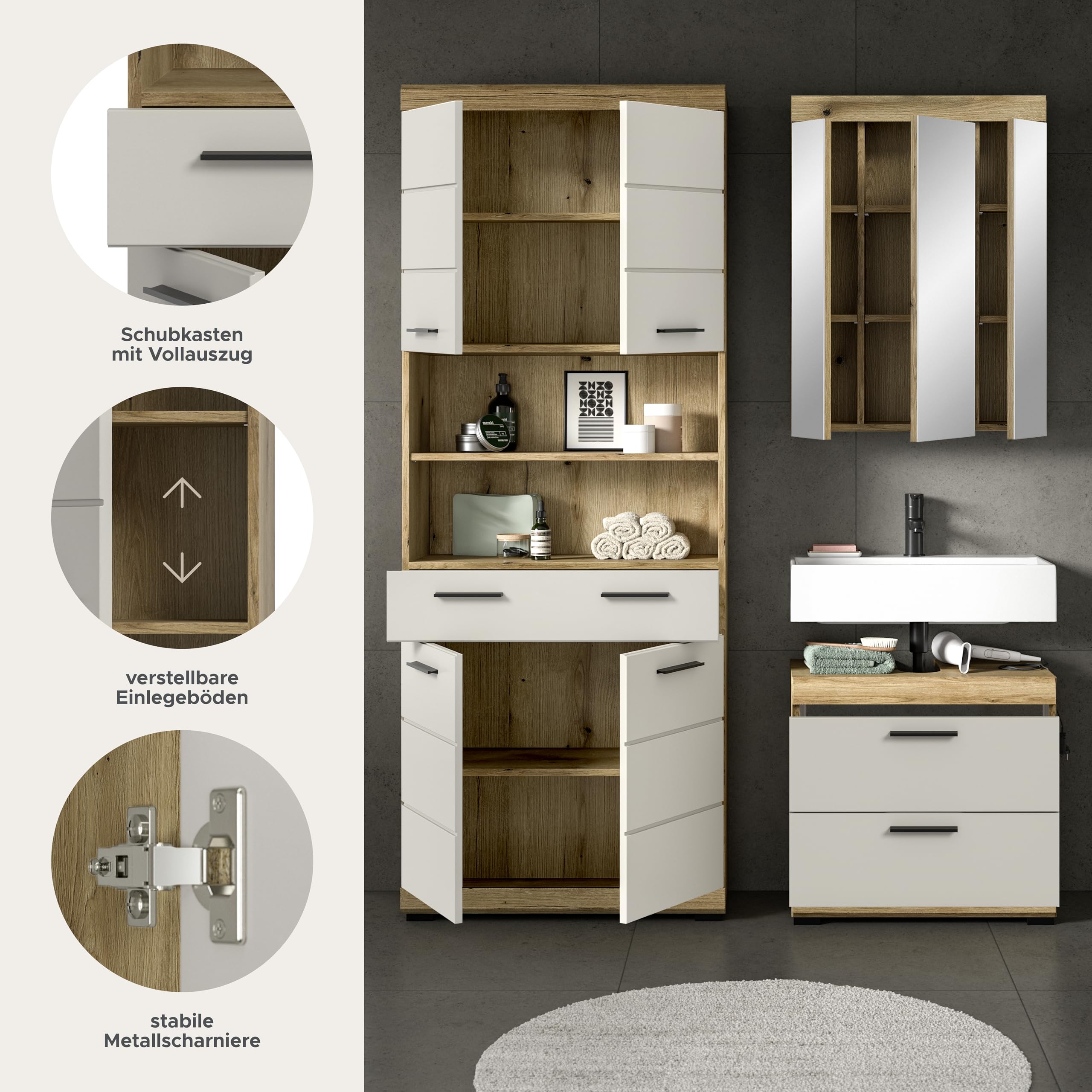 xonox.home – Badkombination Scout 149x191x34 cm in Evoak Oak und Kaschmir Nachbildung matt – Elegantes Set mit natürlichem Holz-Look – geradlinig – Bild 7