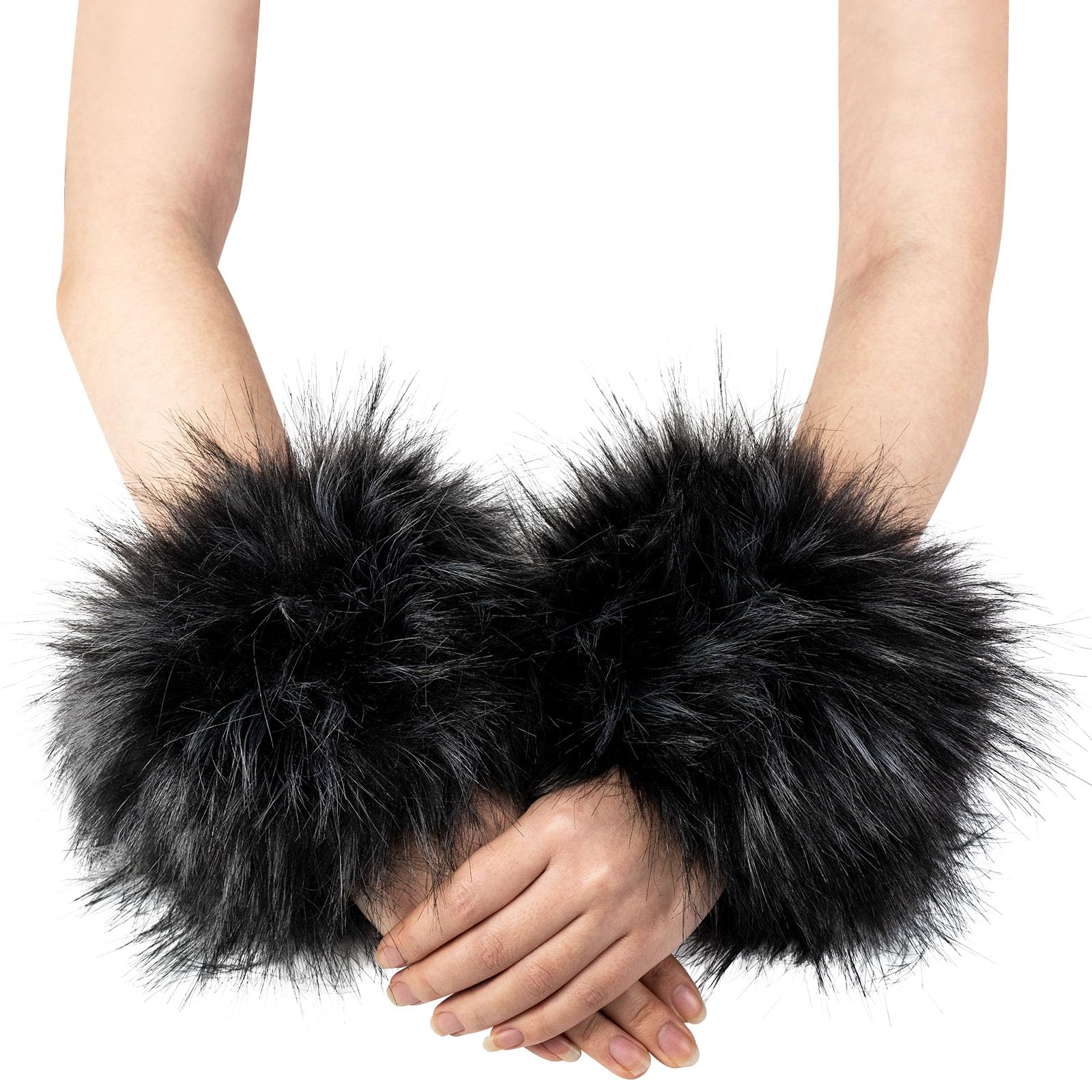 Modelshow Women's Black Jacquard Plush Fluffy Imitation Faux Fox Fur Bracelet Wristband Sleeve Ring Cuffs Warmer (Black Jacquard)