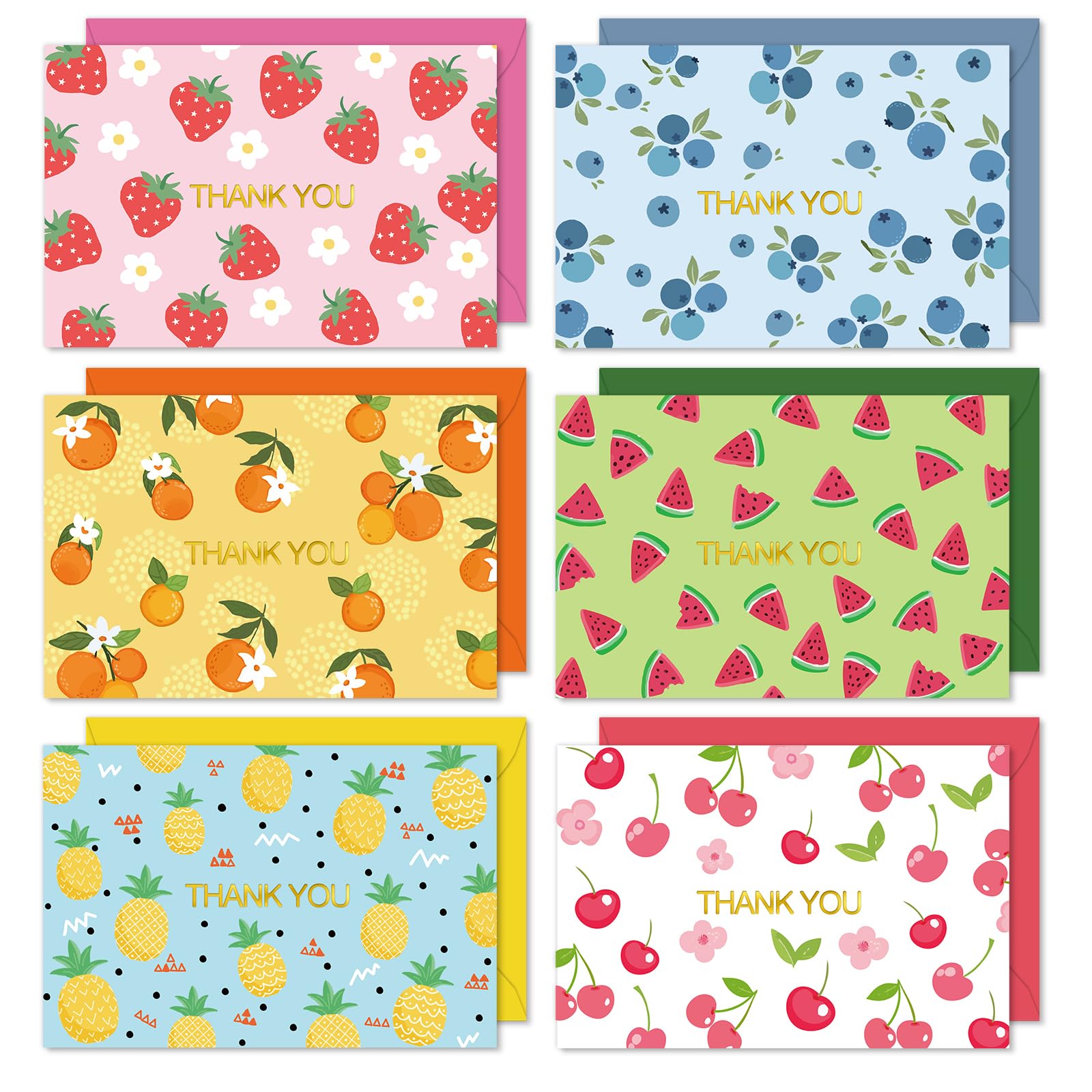 FYSUIMU 36 Pack Fruit Thank You Cards Gold Foil Fruit Note Cards with Envelopes Stickers Colorful Greeting Blank Cards for Birthday Baby Shower