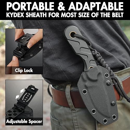 Miniatura 4 de FLISSA Cuchillo de hoja fija, cuchillo de caza de espiga completa de 7 pulgadas con funda Kydex y cuerda de emergencia, cuchillo táctico para