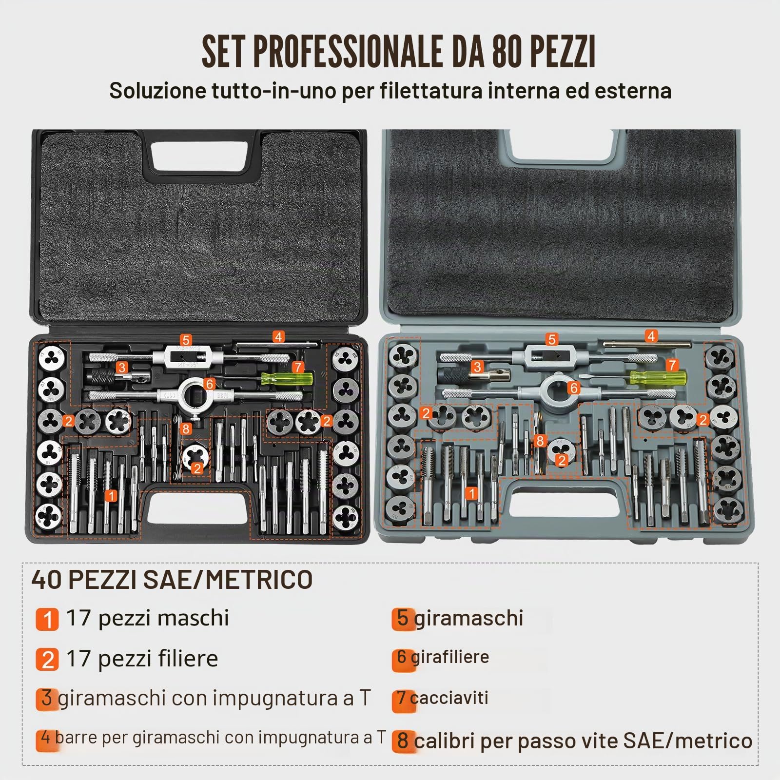 VEVOR Set di Filiere Maschi Utensili per Filettatura SAE 80 Pezzi in Totale, Set per Rubinetti Matrici in Lega di Zinco Utensili per Filettature in Valigetta Portatile, Set di Rubinetti Chiavi 80 Pz