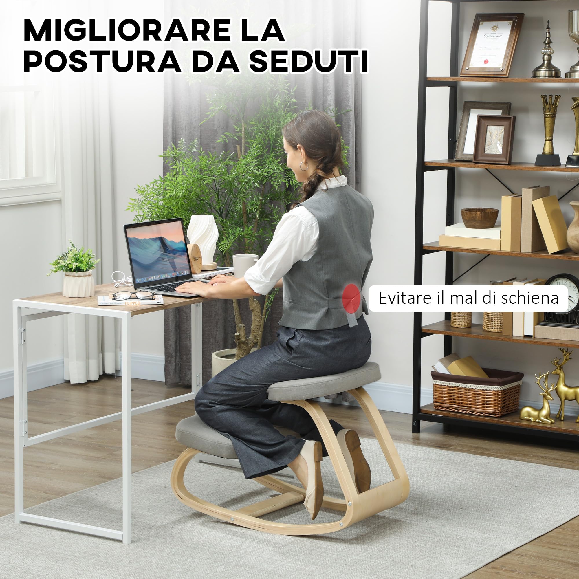 HOMCOM Sedia Inginocchiatoio con Movimento a Dondolo, Sedia Ergonomica Posturale in Tessuto Effetto Lino e Legno di Betulla, 50x73x55 cm, Grigio Chiaro