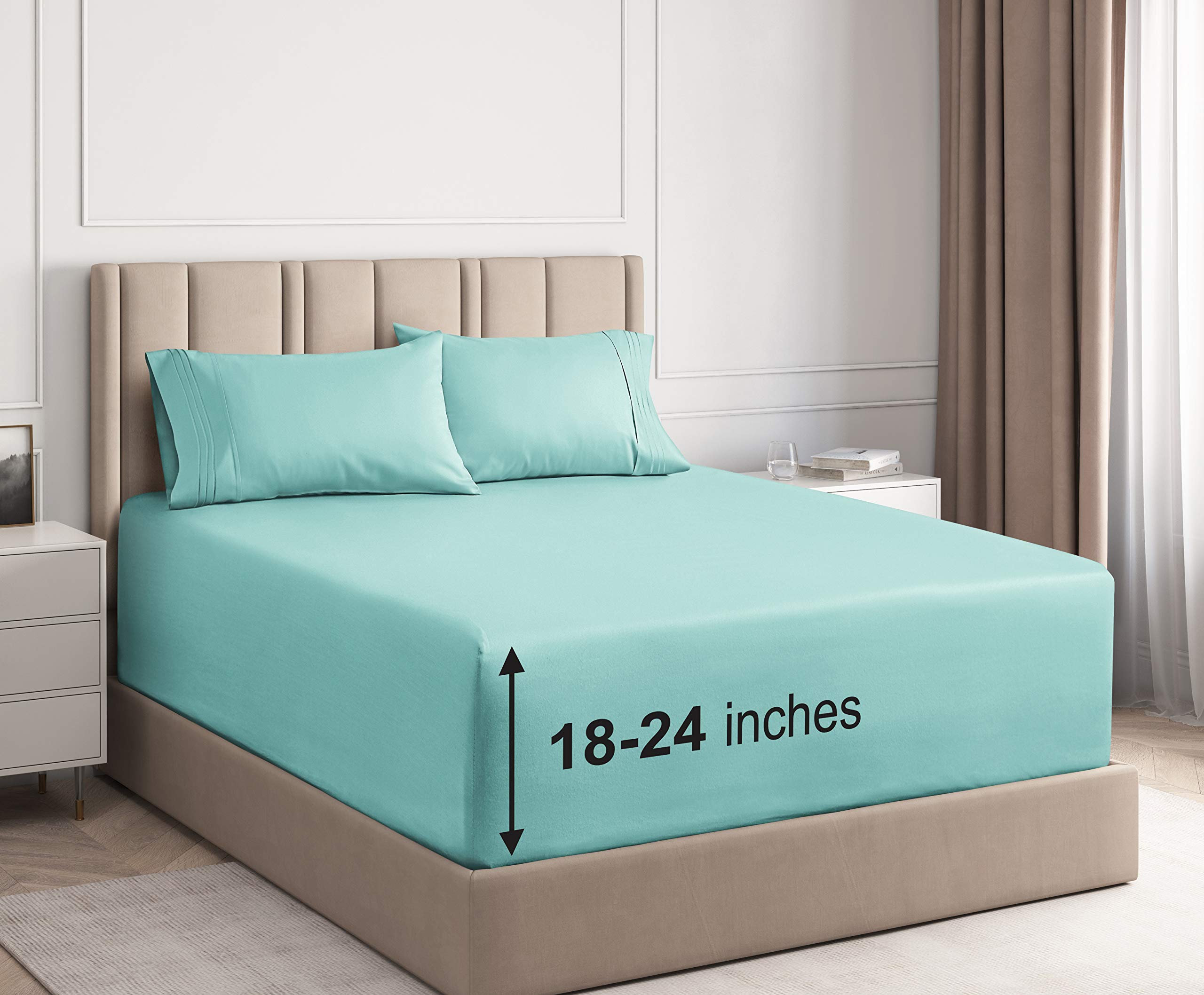 CGK UnlimitedExtra Deep Pocket Full Sheets - 4 Piece Breathable & Cooling Bed Sheets - Hotel Luxury Bed Sheet Set - Soft, Wrinkle Free & Comfy - Easily Fits Extra Deep Mattresses - Deep Pocket Spa Blue Sheets SetOEKO-TEX MADE IN GREENOEKO-TEX MADE IN GREENOEKO-TEX MADE IN GREEN