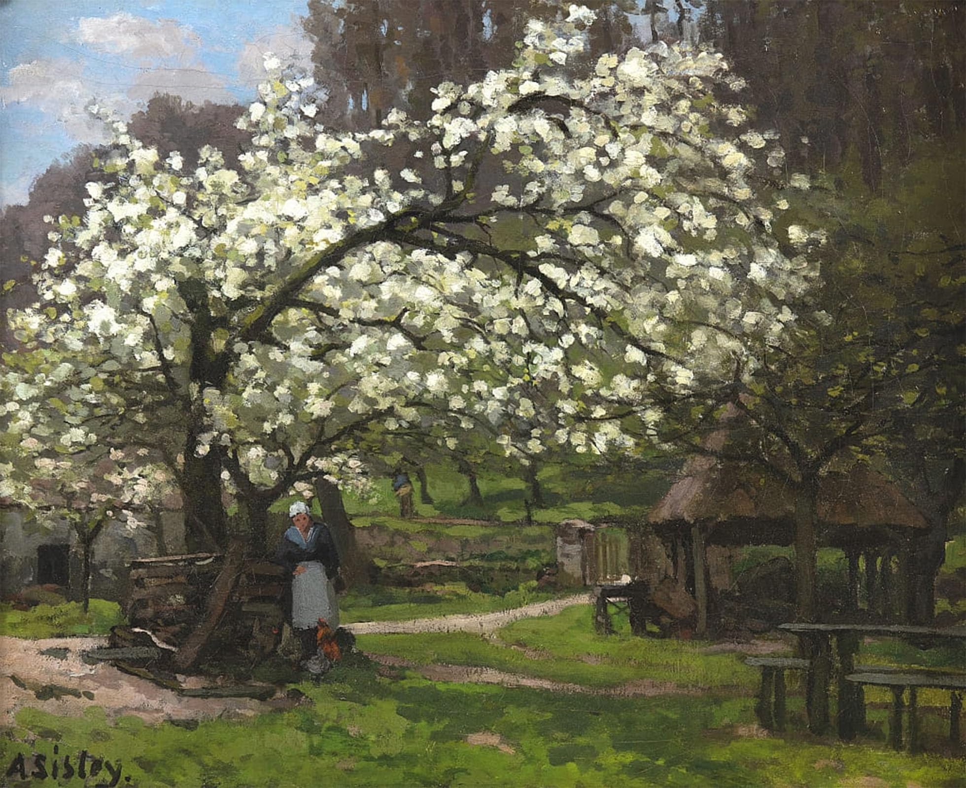 ARTXLXXBN Famous Painting Art Wall Decor Abstract Art Picture Printemps Paysanne Sous Les Arbres En Fleurs Spring by Alfred Sisle Animal Pictures for Home Decor 60x90cm