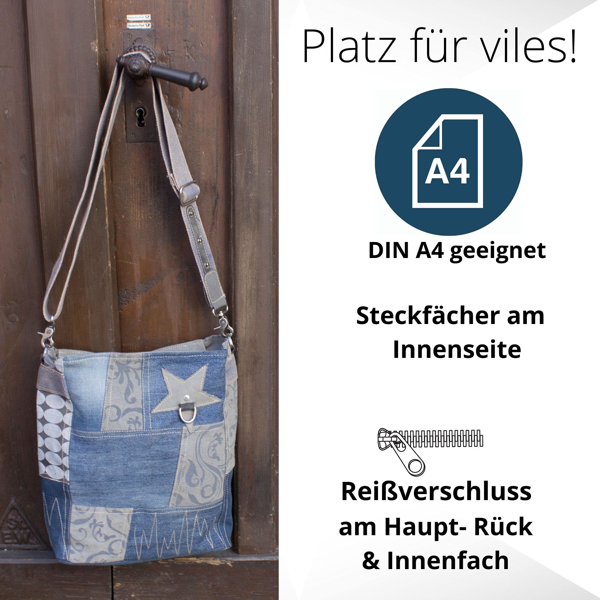 Sunsa Damen Umhängetasche. Große Nachhaltige Jeanstasche. Patchwork Tasche