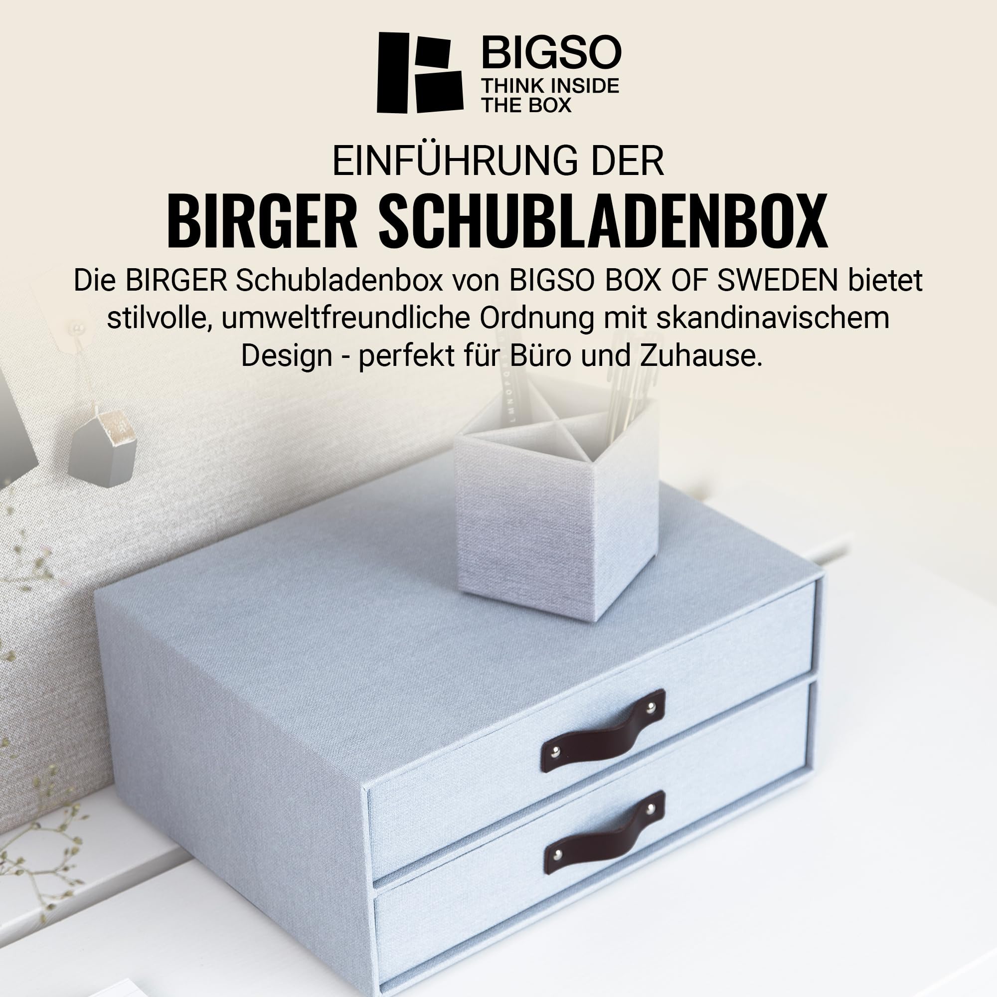 BIGSO BIRGER Cassettiera per documenti e forniture per ufficio, organizer da scrivania con 2 cassetti, sistema di ripiani in fibra e carta effetto lino, grigio chiaro