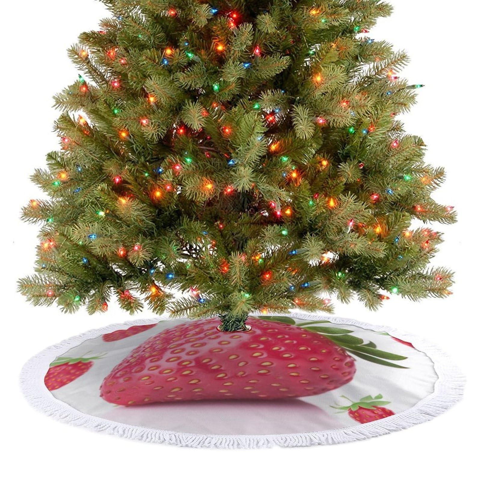 Strawberry Christmas Tree Skirt 36"x36" Rustic Xmas Tree Mat with Tassel Ornament Christmas Trees Cover Skirt Mat for Evergreen Trees Ornament Winter Holiday Mats Decorations