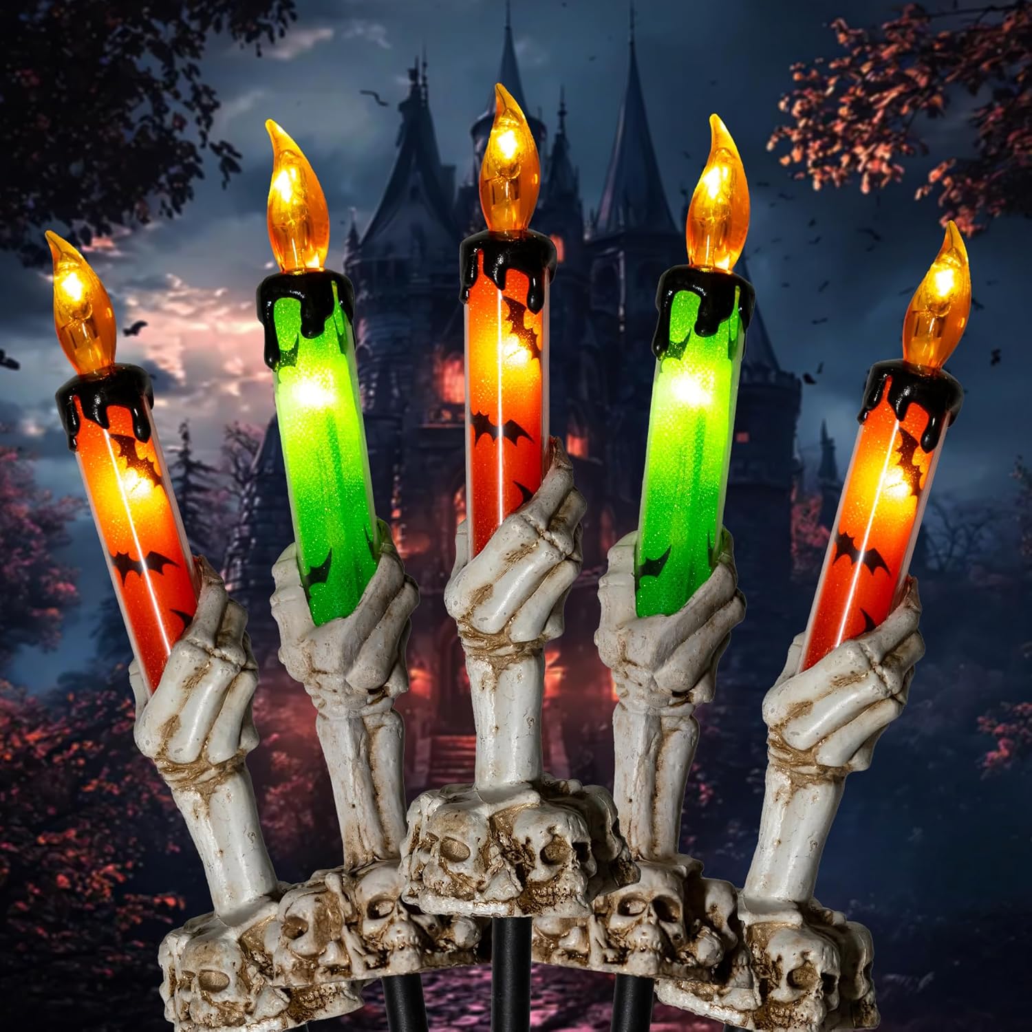 Halloween Pathway Lights 5 Pack Skeleton Hand Hold Candle Light Battery Powered with Timer Function for Indoor Outdoor Yard Garden Home Decoration CANDLE 5 Pack