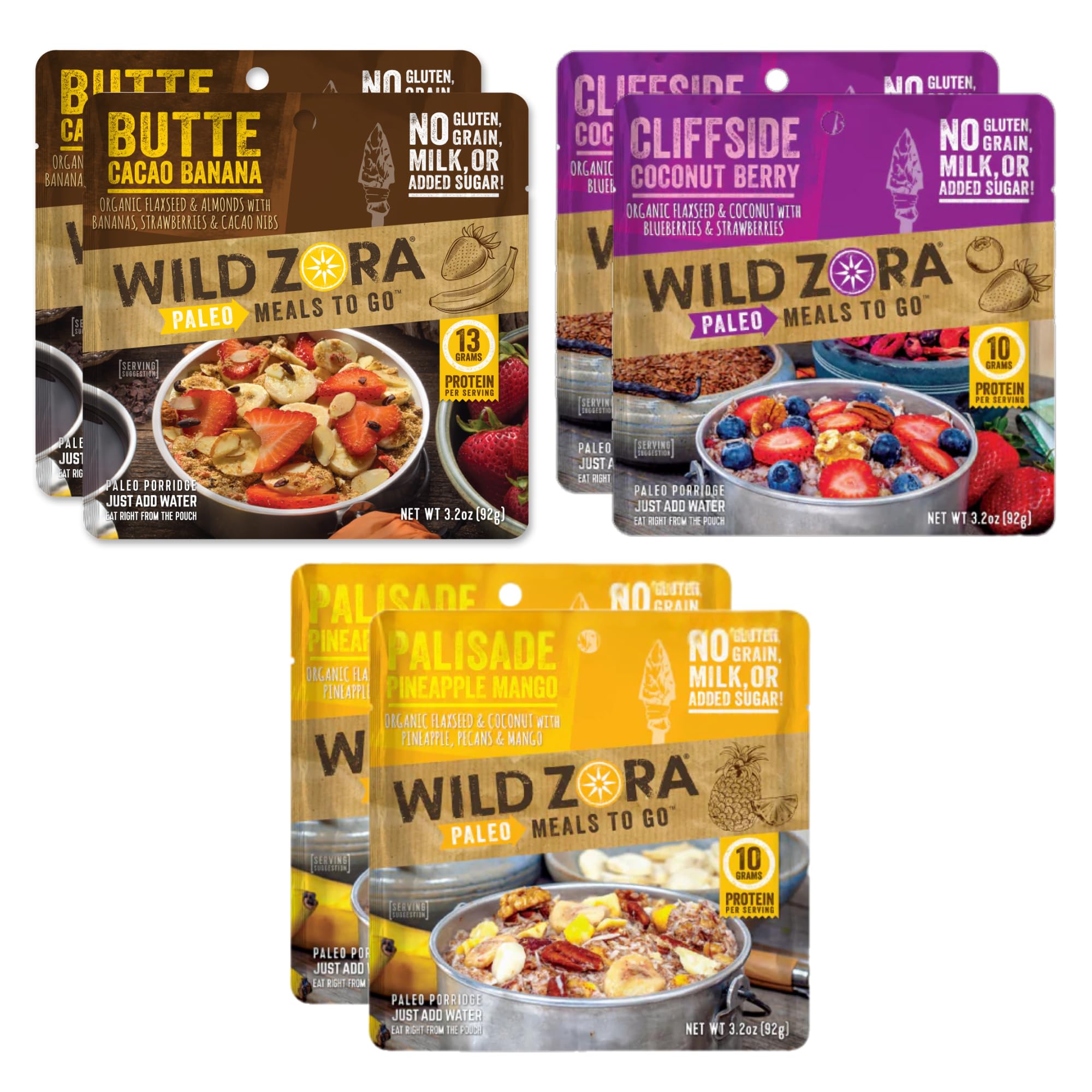 Wild Zora Paleo Freeze Dried Breakfast Meals, 6 Pack, Gluten Free Camping and Backpacking Food, No Added Sugar, Healthy On-the-Go Travel Meal, Coconut