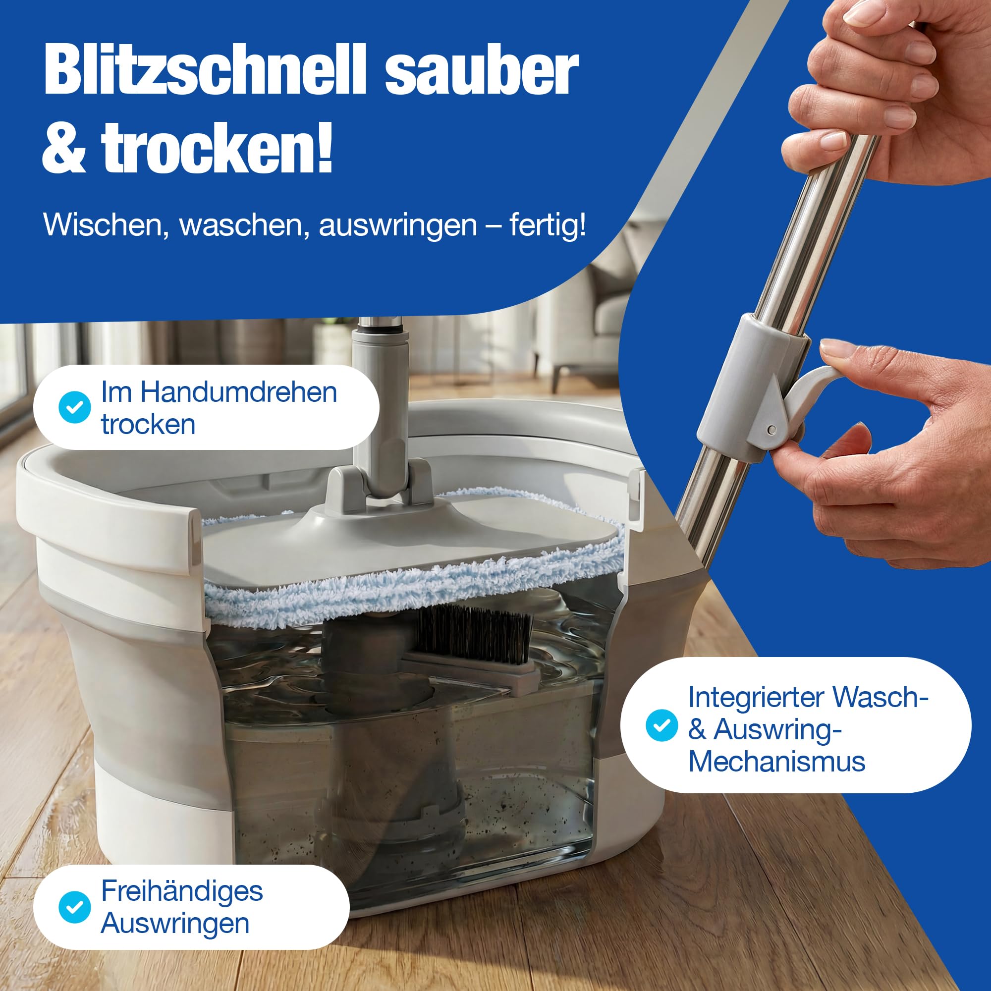 NTG Wischmopp Set mit Eimer – Mop Set mit Mikrofaser-Bodenwischer & Rotationsfunktion – platzsparendes Reinigungssystem inkl. Ersatz-Wischpads für Laminat, Fliesen & alle Bodenarten
