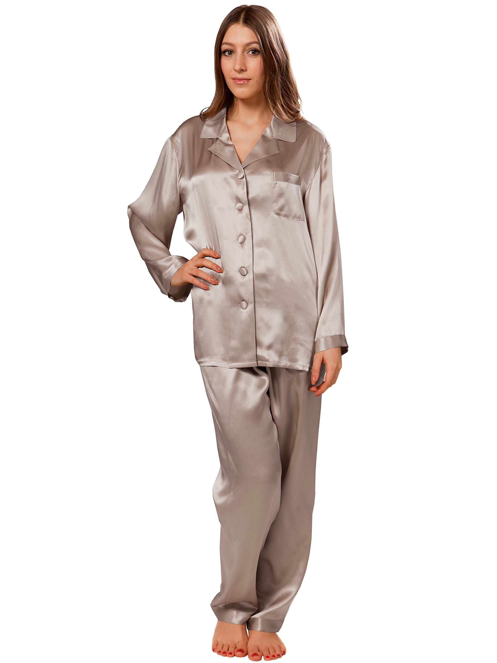 ELLESILK 100% Silk Pyjama for Women, Silk Shirts and Pants Set, 22 Momme, Silver, L