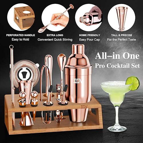 Miniatura 4 de IOV Juego de coctelera con soporte, juego de mezclador de bebidas, incluye coctelera de Martini, jigger, colador, cuchara mezcladora, mezclador,