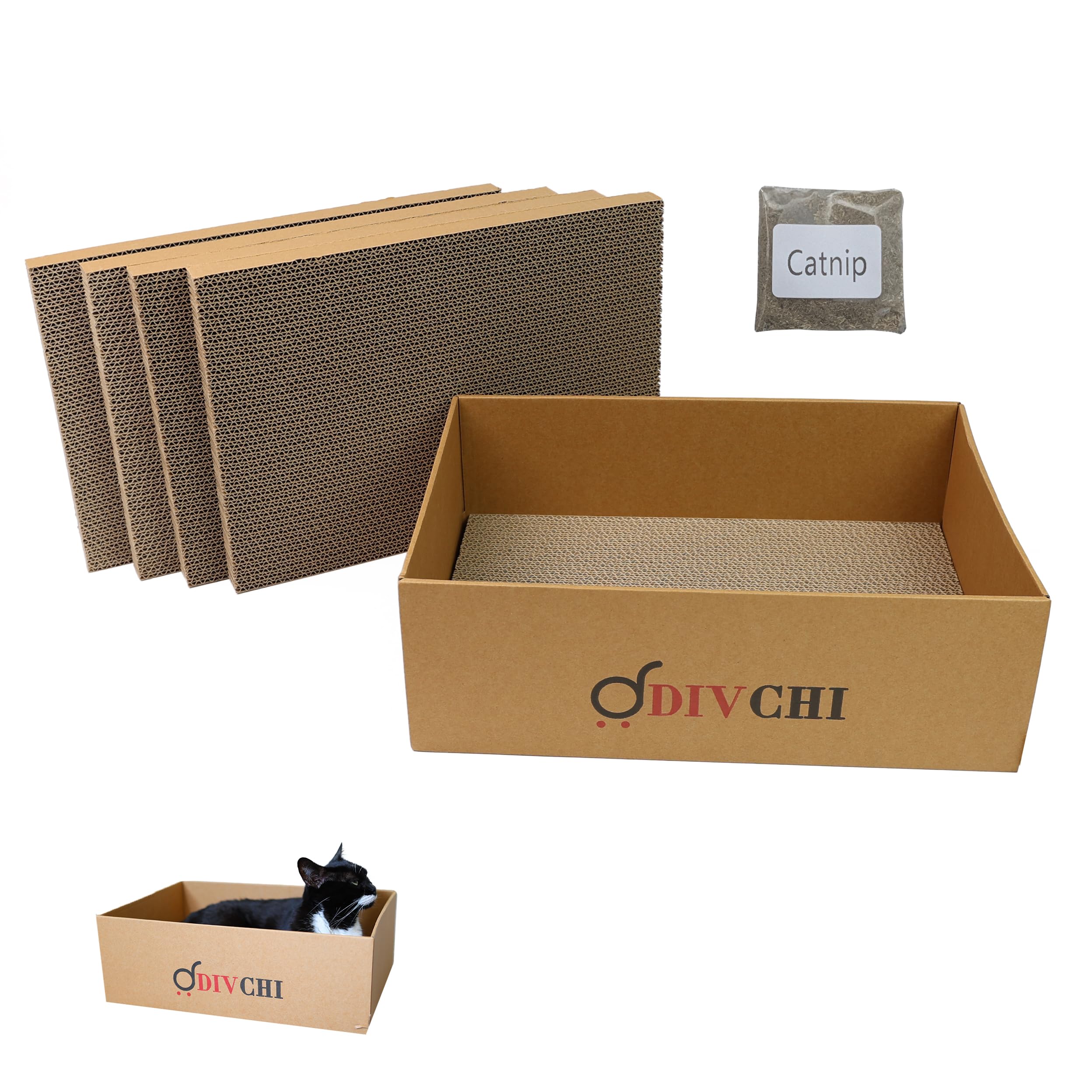DIVCHI Cat Scratching Board With Box 5 Pcs Cat Scratch Pad With Catnip | Bed For Kitty | Cats Scratchers | Pet Cardboard | Kitten Scratching Boards