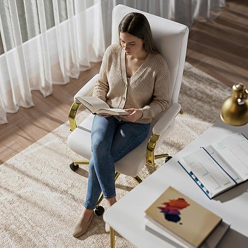 Vista 3 de White and Gold Office Chair Memory Foam, White Leather Computer Desk Chairs with Wheels and Arms, High Back Executive Office Chair for Girl and Women