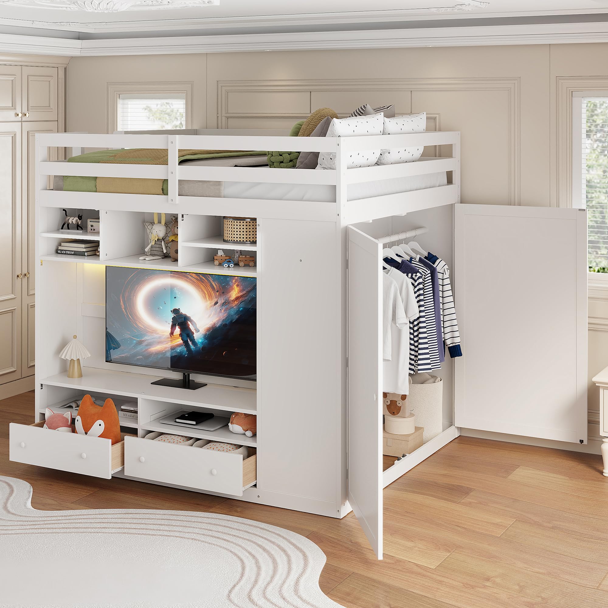 merax full size loft bed with drawers,shelves & led lights,wood loft bed with built-in wardrobe closet,remote-control lighting,smart storage for kids, teens, small bedroom,white (incomplete box #2 only of 3) 