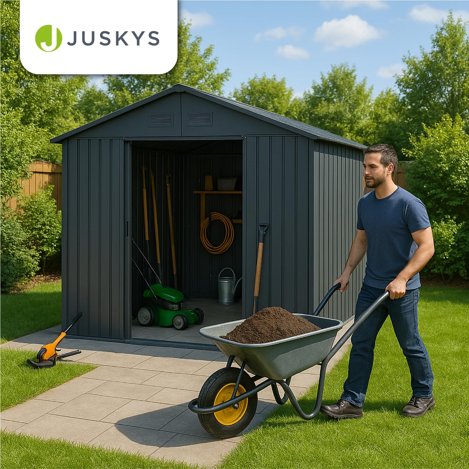 Juskys Geräteschuppen Metall XXL – Gartenhaus & Gerätehaus mit Schiebetür, Fundamentrahmen & Schloss, wetterfester Gartenschrank zur Aufbewahrung – Dunkelgrau