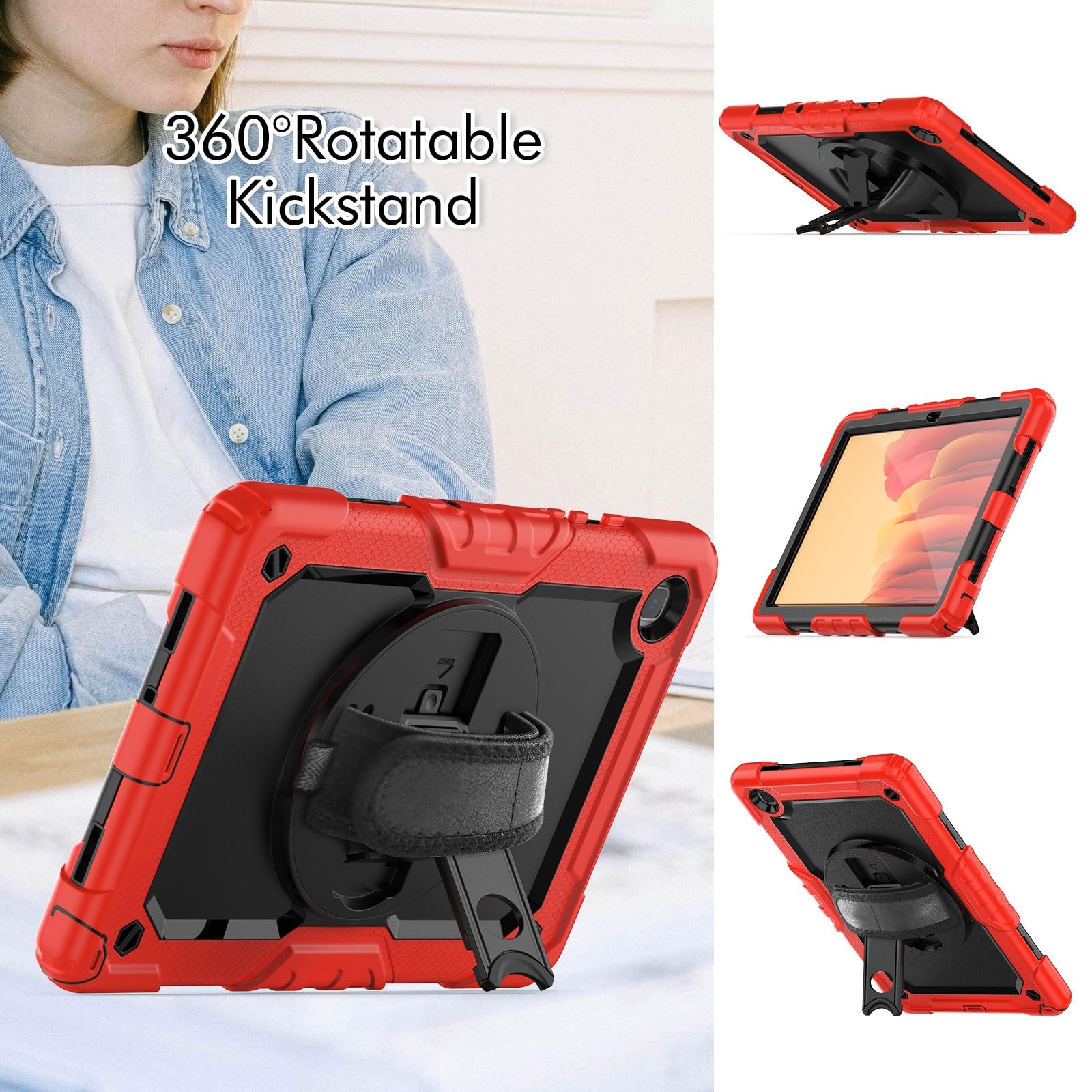 Kompatybilny z Samsung Galaxy Tab A7 10,4 cala SM-T500/T505 (2020) Etui folią ochronną ekranu, [podpórka] [pasek na ramię] Odporna wstrząsy wytrzymała obudowa 360° obrotowy pasek rękę i ramię(Rosso)