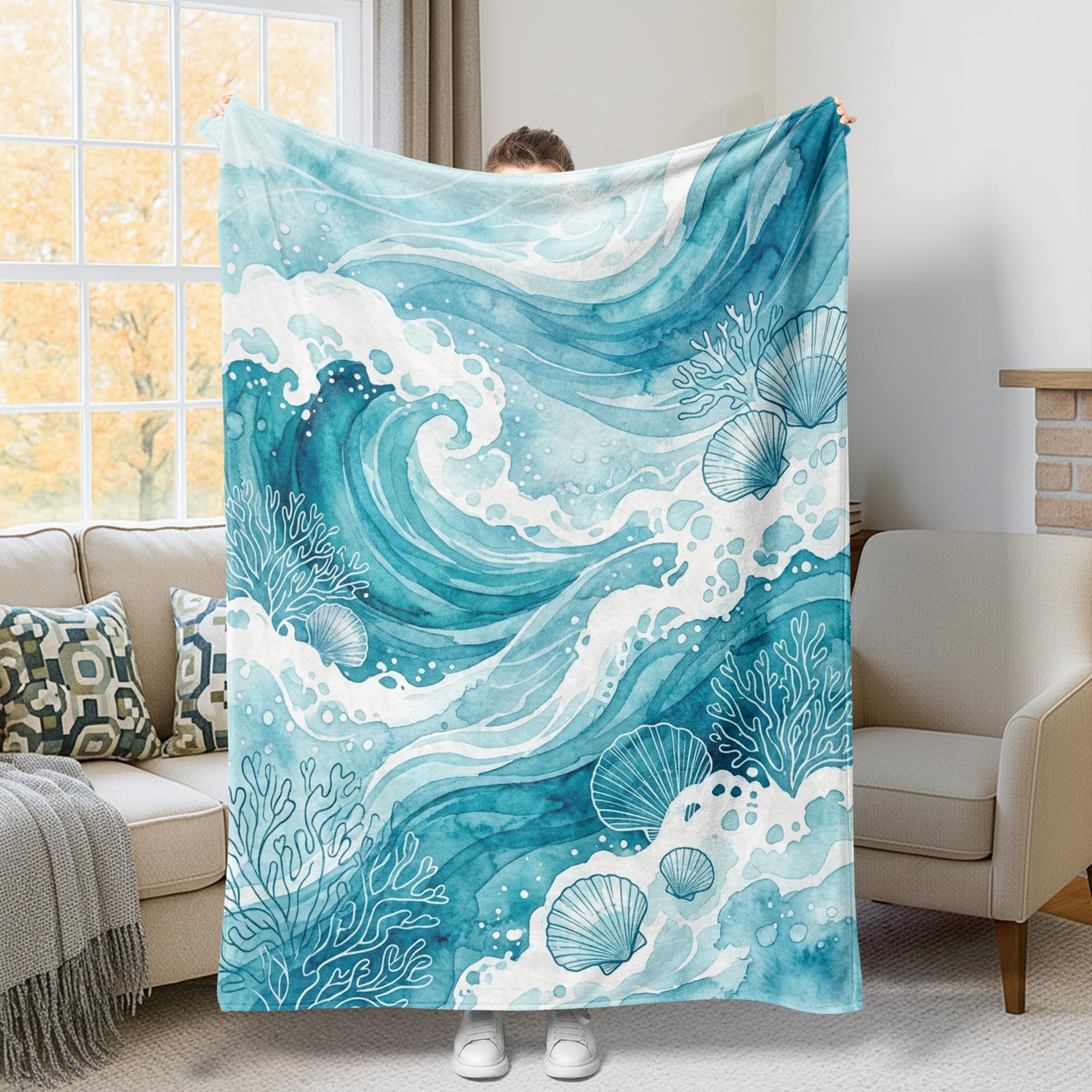 Couverture en fourrure vagues abstraites turquoise, plaid léger décoratif 152x203
