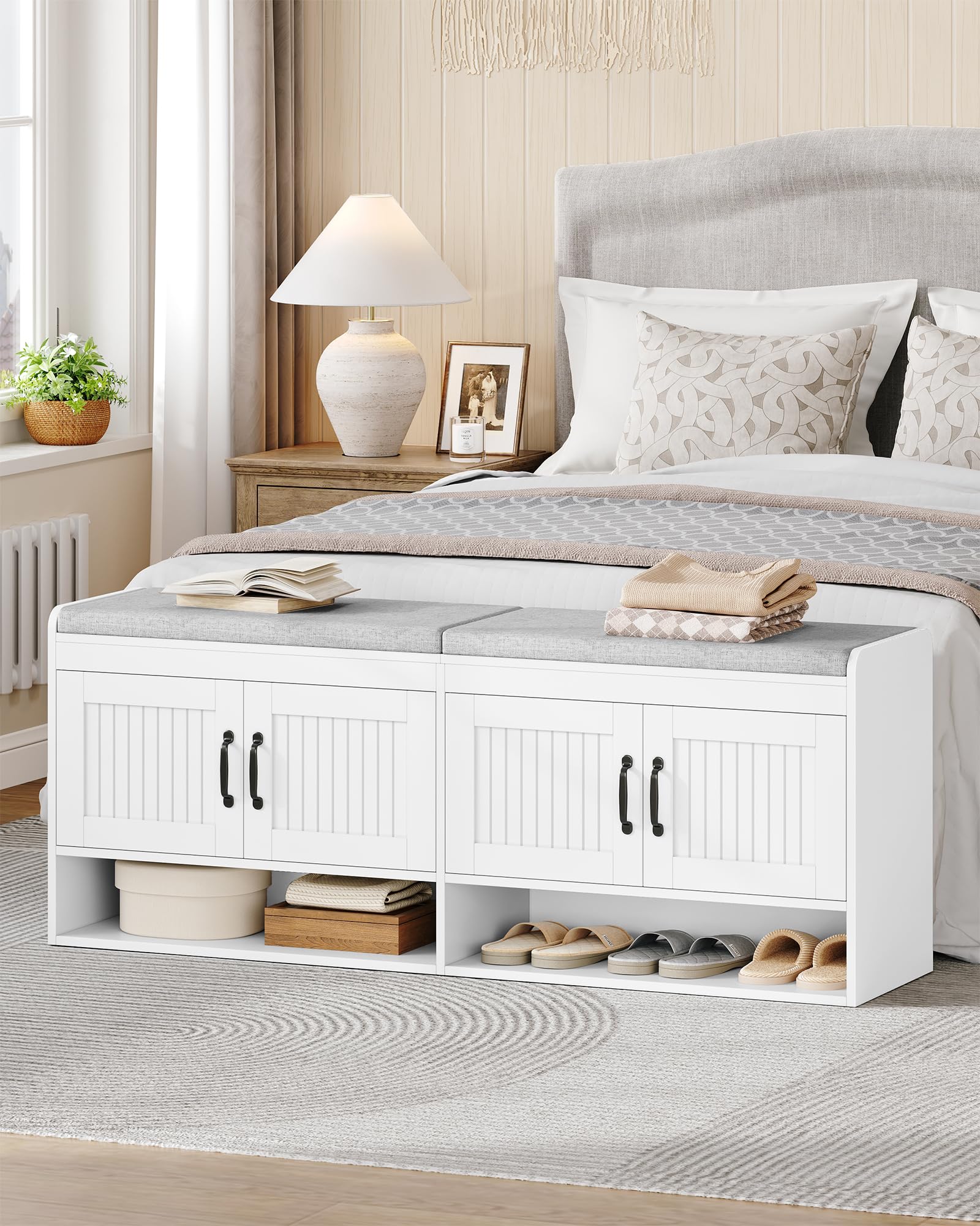 Hzuaneri Banc à Chaussures avec Siège, 140 cm, Blanc | Étagère à Chaussures, Espace de Rangement, Espace ouvert, Rangement Caché, pour Salon, L'entrée, 35 x 140 x 54 cm, SB41403GY