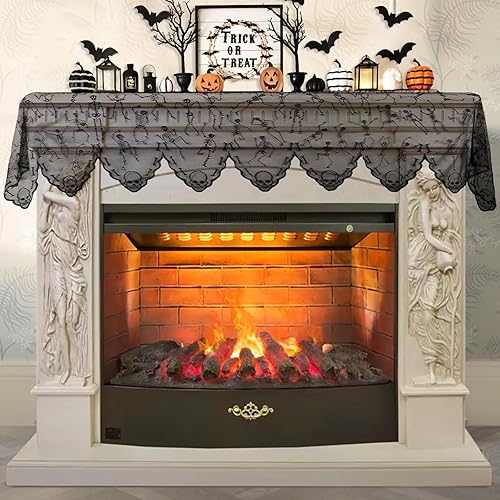 AerWo Cubierta de bufanda de encaje negro para chimenea, decoración de Halloween para interiores, decoración de cortina de ventana de puerta,