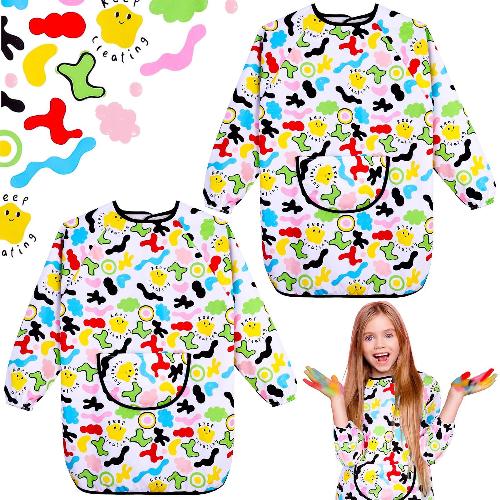 2Pcs Kids Art Aprons for Age 7-12 Years Girls Boys,Waterproof Graffiti Painting Aprons Long Sleeves with Pockets,Kids Painting Smock Toddler Children,Play Apron for Painting,Craft,School,Cartoon