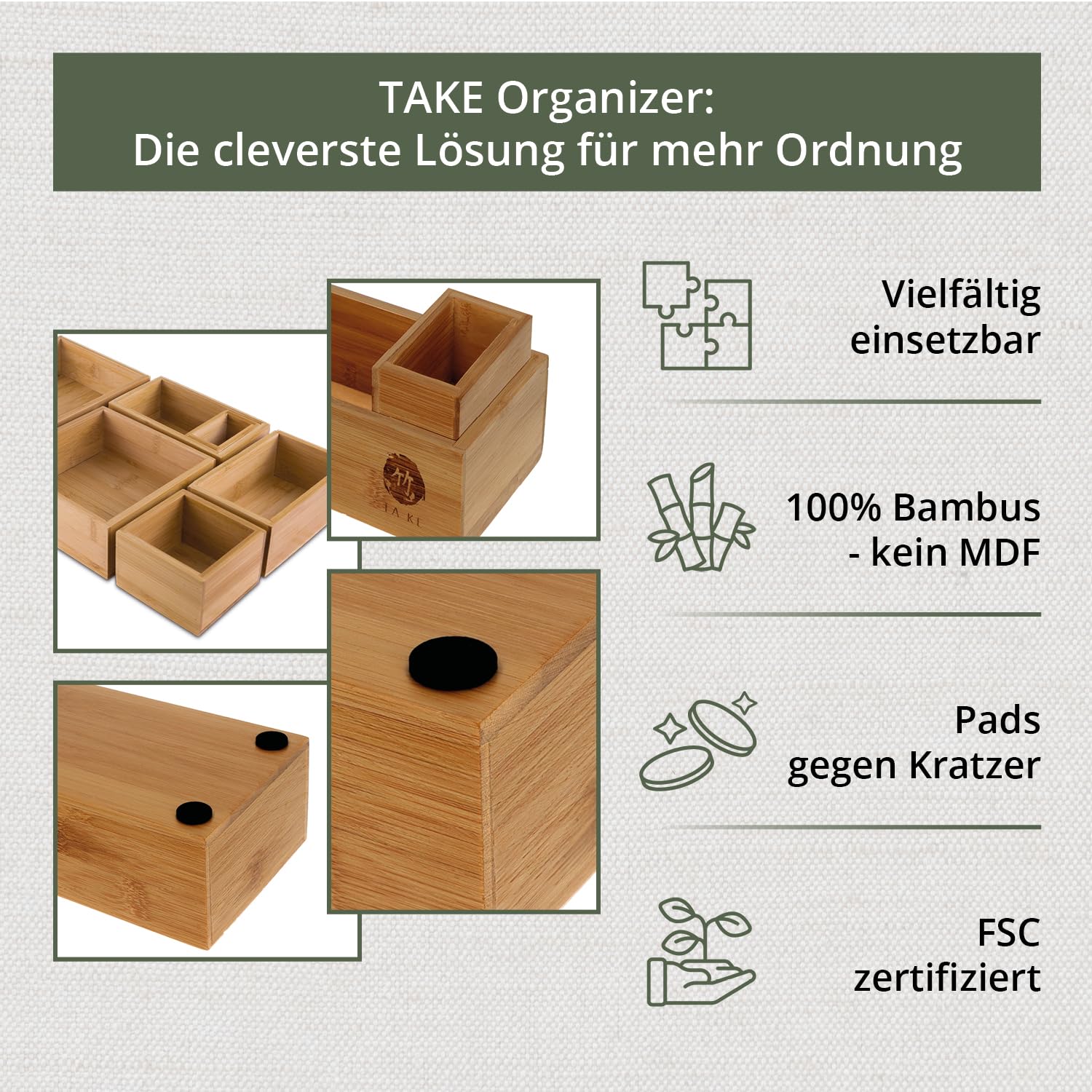 TAKE® 6-teiliges Schubladen Organizer aus 100% Natur Bambus - Boxen in vers. Größen für Küche, Bad & Büro, Schminktisch Organizer Bad, Drawer Organizer