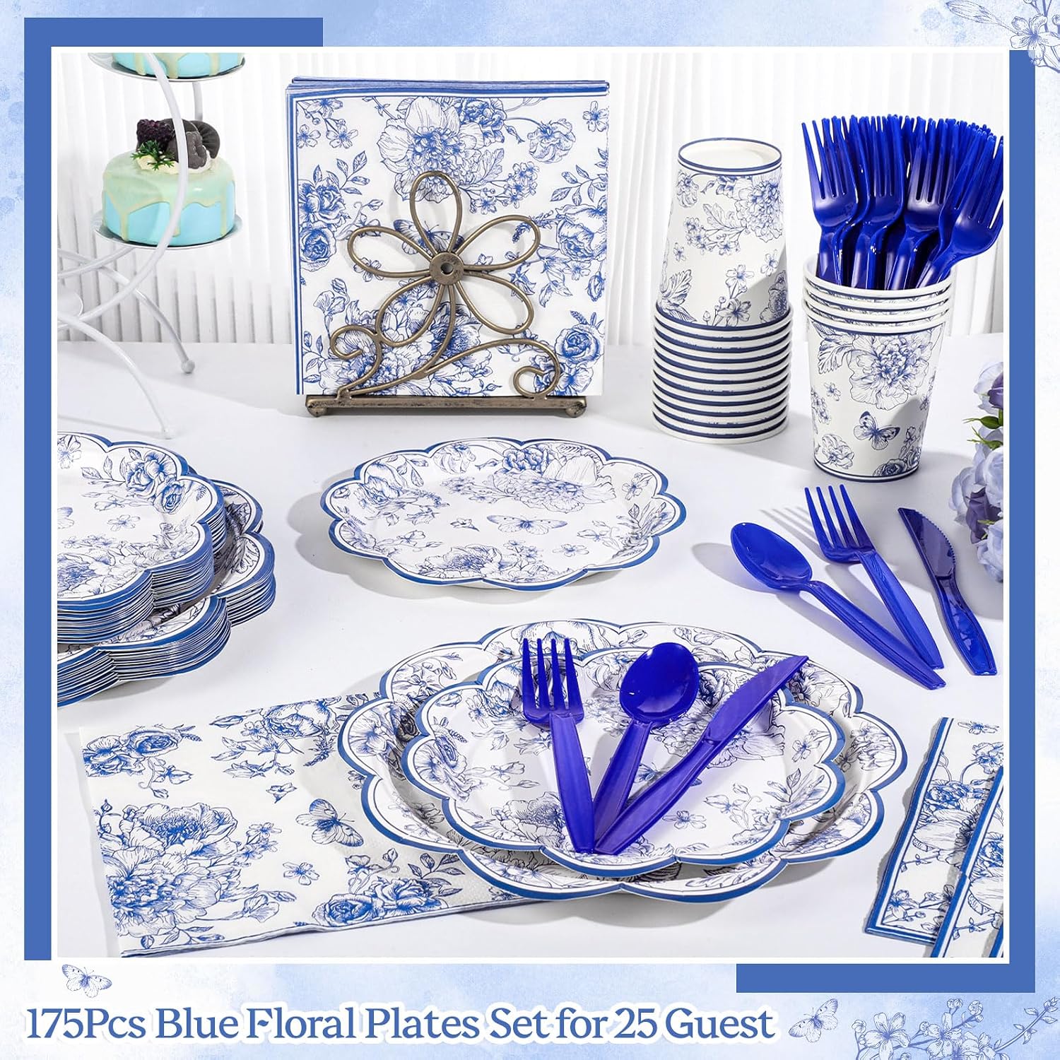 NatNarr Blue Floral Party Supplies Set For 25, 175 Pcs, Blue White image 5