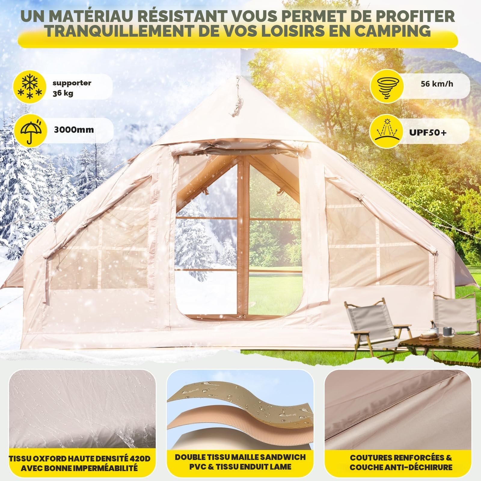 Tente de camping gonflable avec ouverture de cheminée et fenêtre de toit, tente d'extérieur pour 2 à 8 personnes avec pompe à air, tente gonflable en tissu Oxford imperméable pour 4 saisons, montage