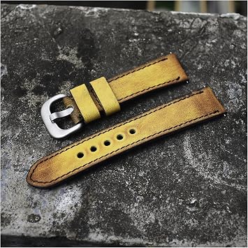 yaoqijie Retro Handmade Watch Band 20mm 22mm 24mm Vintage Leather Lasting Panerai Watch Band Strap Wrist Strap Strap with D Buckle Band Color Yellow, Band Width 24mm