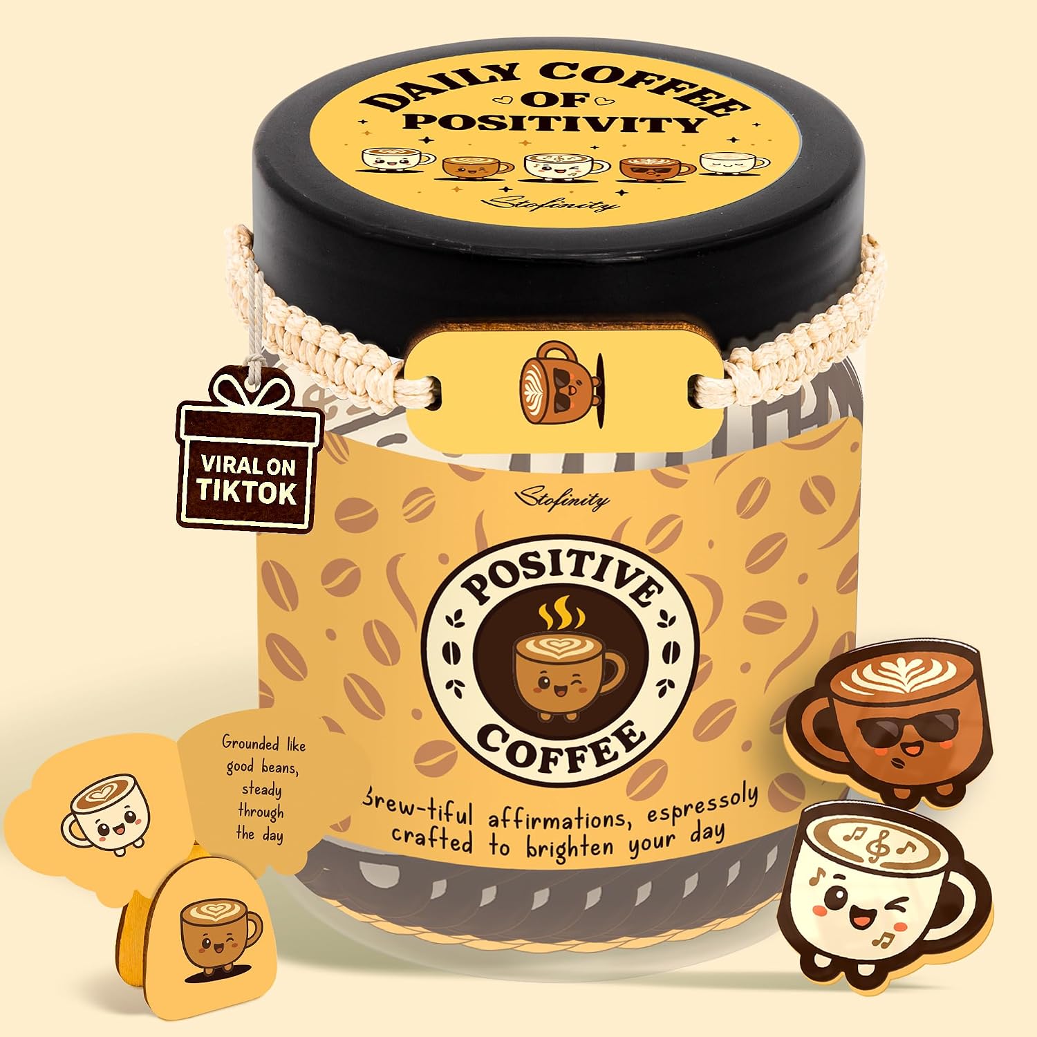 STOFINITY Positive Coffee Jar, 60 Affirmation Cards and Wood Stand