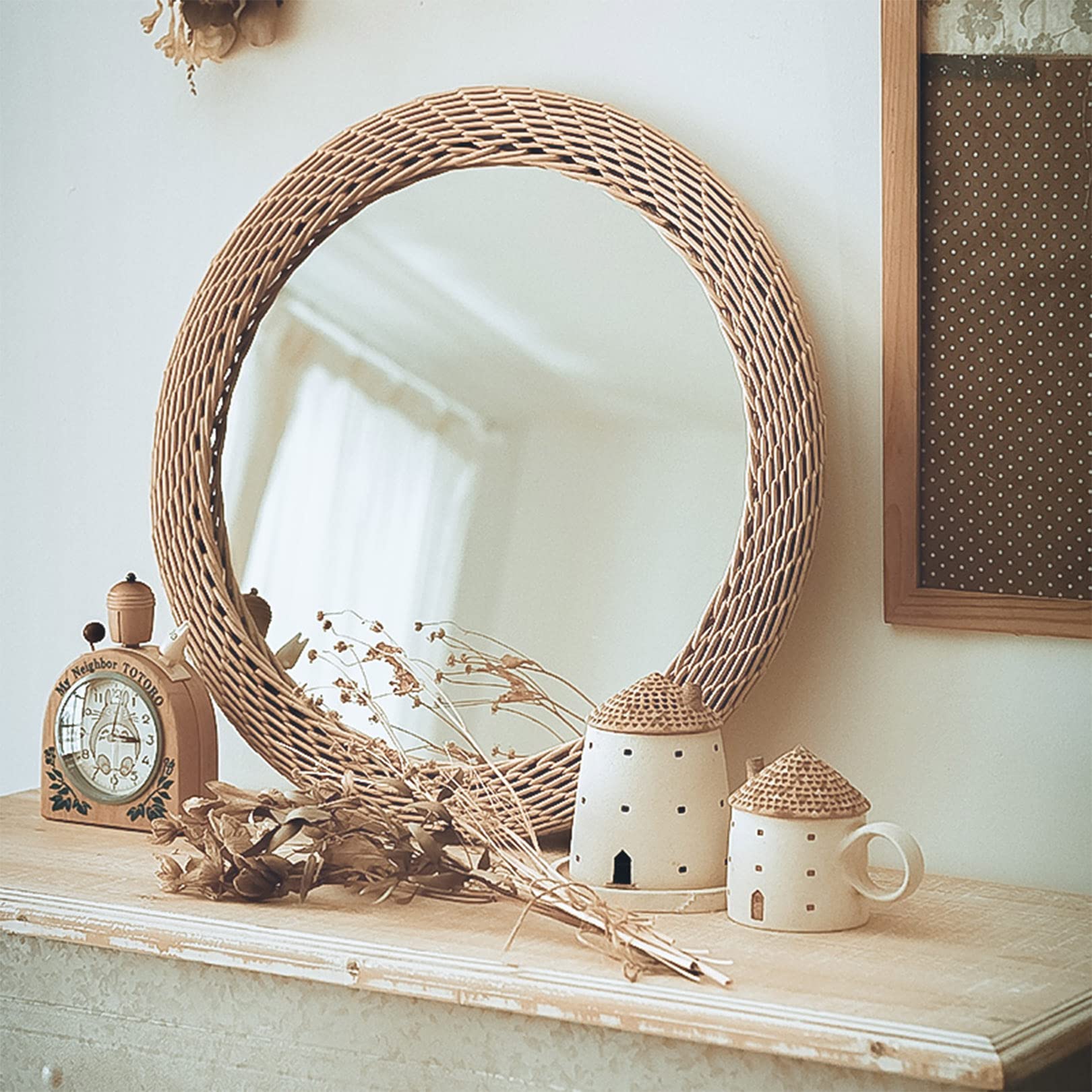 Miroir en Rotin de Soleil Miroir Murale Rond | Miroir Tissé À La Main