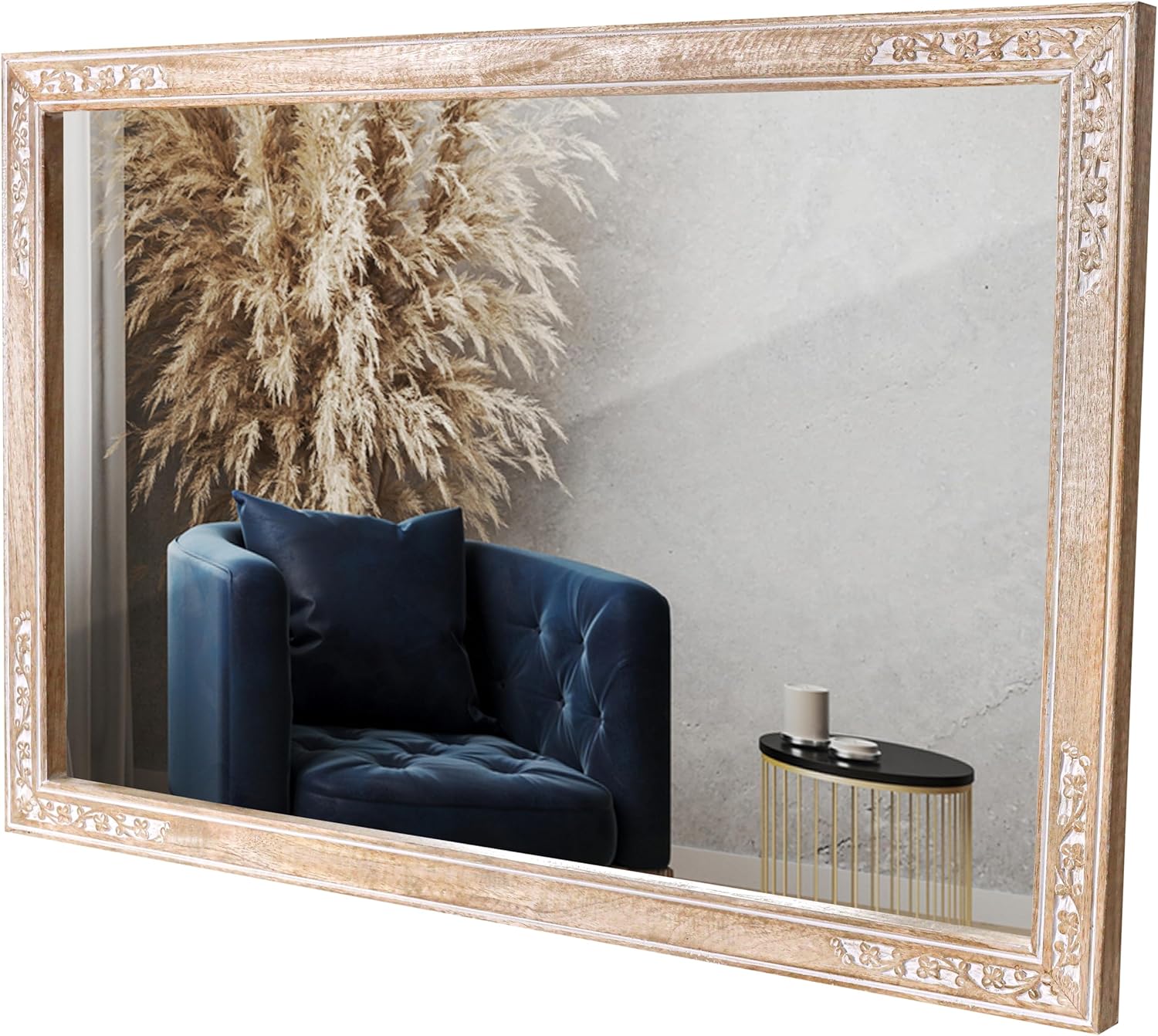 Rustic Solid Wood Wall Mirror 36"x24" - Bathroom Vanity Mirror, Farmhouse Decorative Mirror for Home, Vertical & Horizontal Hanging, White Antique Wood Finish