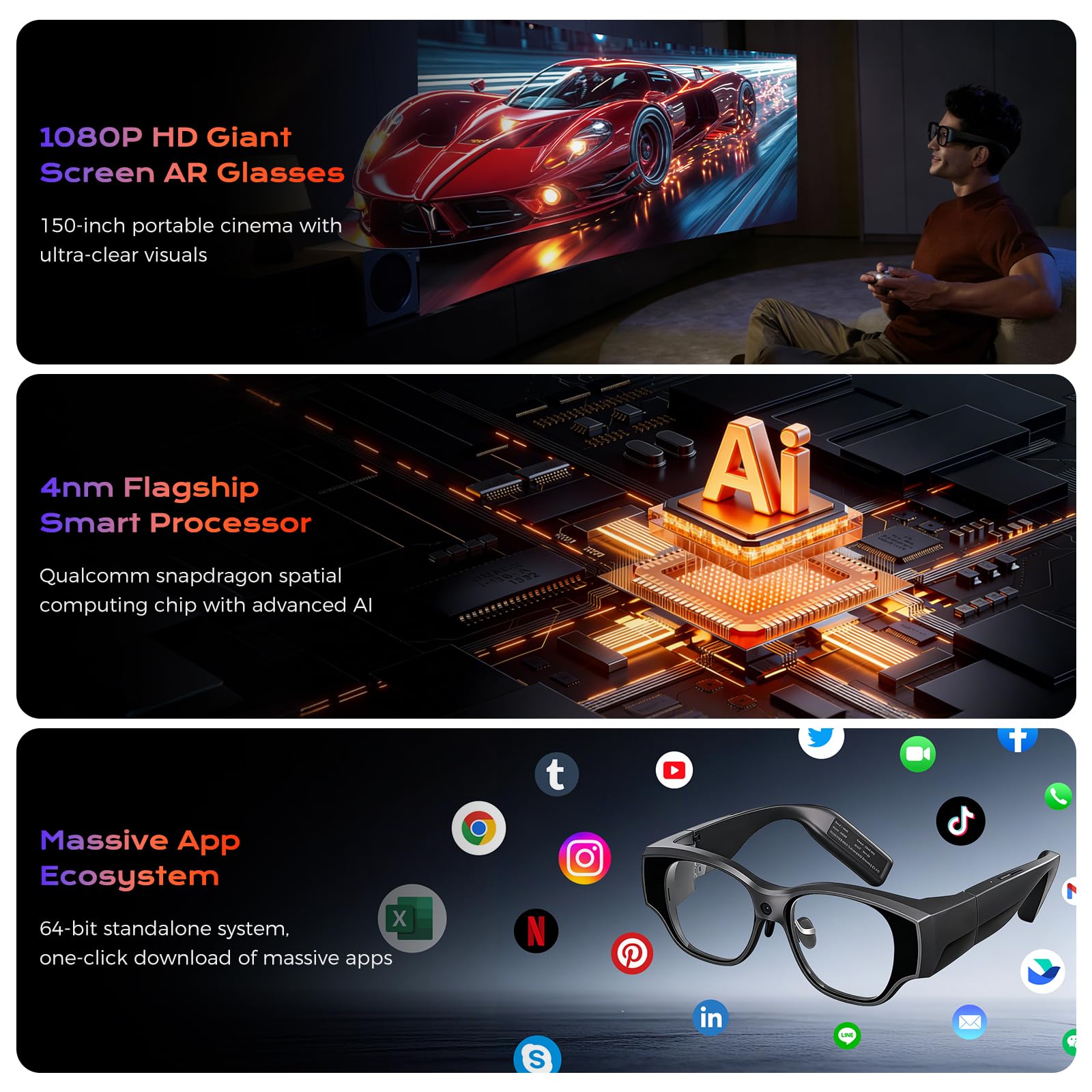 Okulary AR 1080P 120Hz, 62 PPD Micro OLED, Wirtualny Ekran 150 cali, Android 14, 3DoF, Kamera 16MP 120°, do Filmów Gier Pracy, iPhone 17,16,15/Android iOS/MacPC/Steam Deck/PS