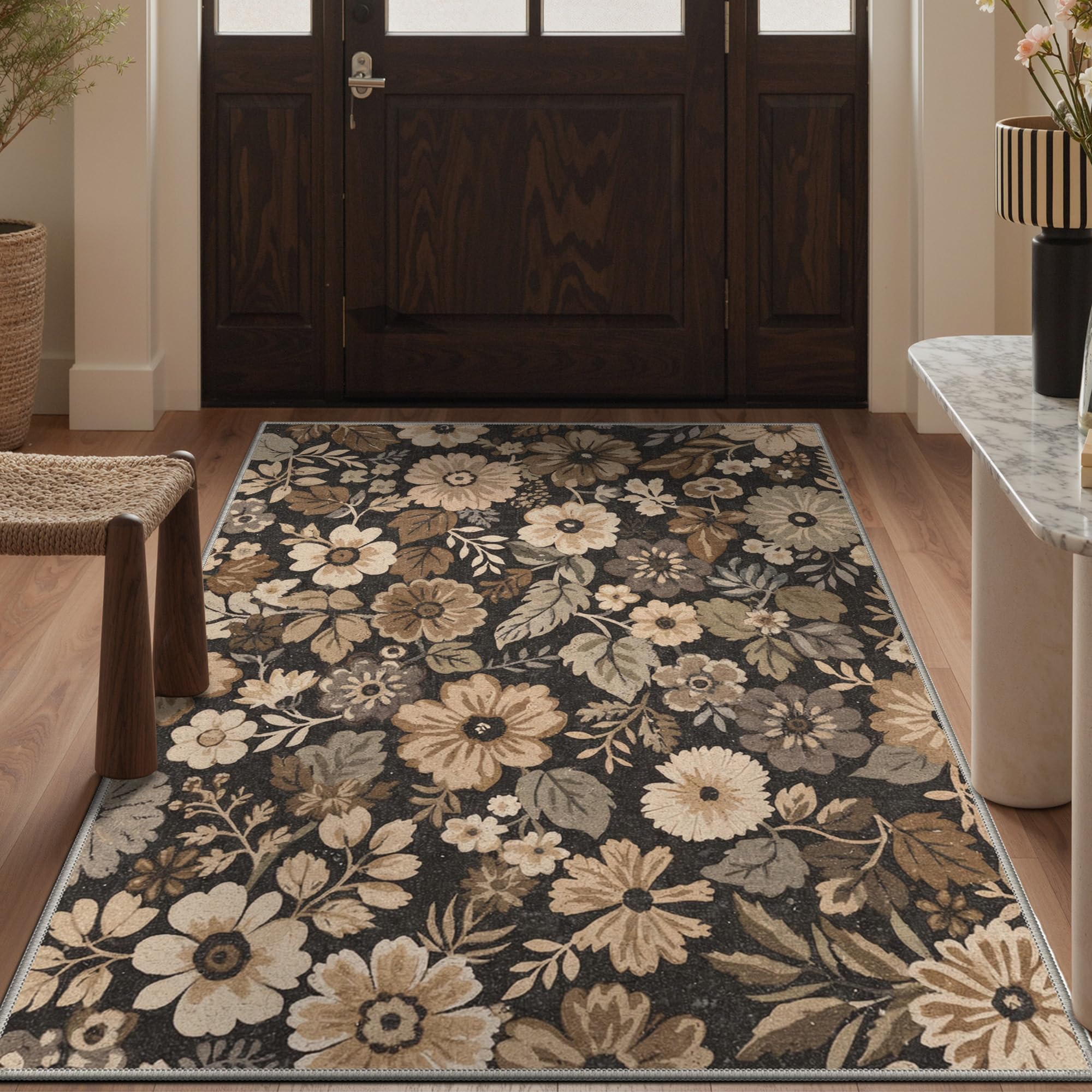 BEIMO Washable Rug 120x170cm, Botanical Rug Non-Slip Dark Floral