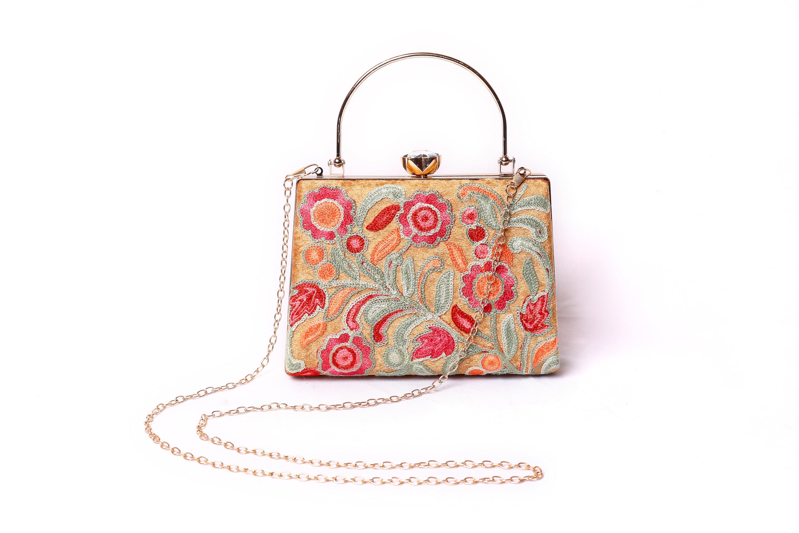 Vintage Evening Clutch Purse, Floral Pattern with Pink and Orange Roses, Gold Metal Frame, Detachable Chain-image-1