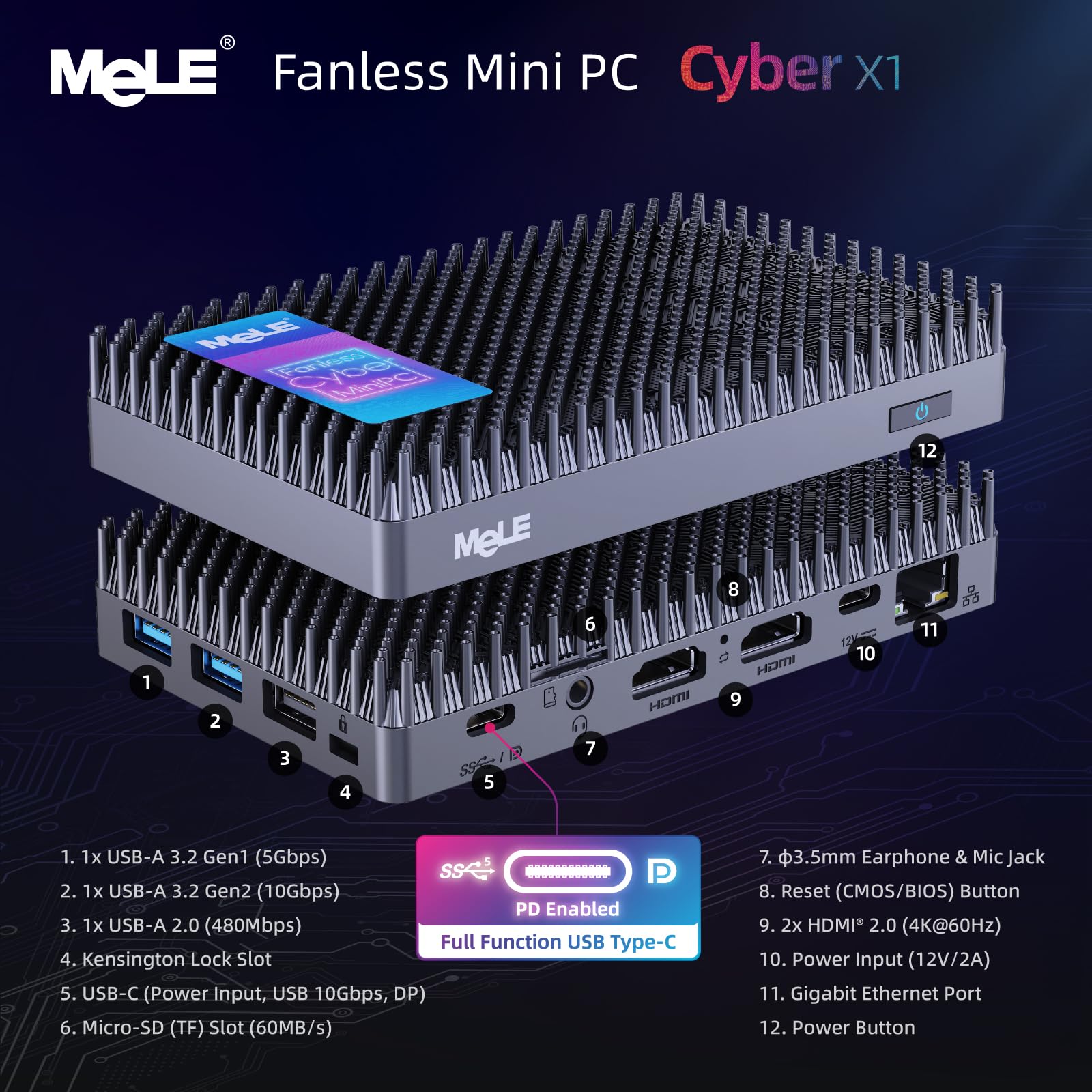 MeLE Cyber X1 Lüfterloser Mini PC N150 16GB 512GB Kleiner Desktop Computer | bis zu 3.6GHz, USB-C, 2 X HDMI, Dreifach-Display, mit VESA, Rund um die Uhr stabil, automatisches Einschalten, Wake-on-LAN