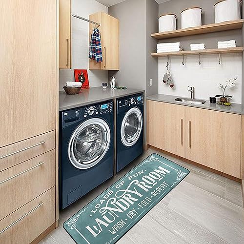 Miniatura 7 de KLL Alfombra moderna de poliéster antideslizante, lavable a máquina, decoración de lavandería para cocina, baño, baño, color azul y verde, 72 x 24