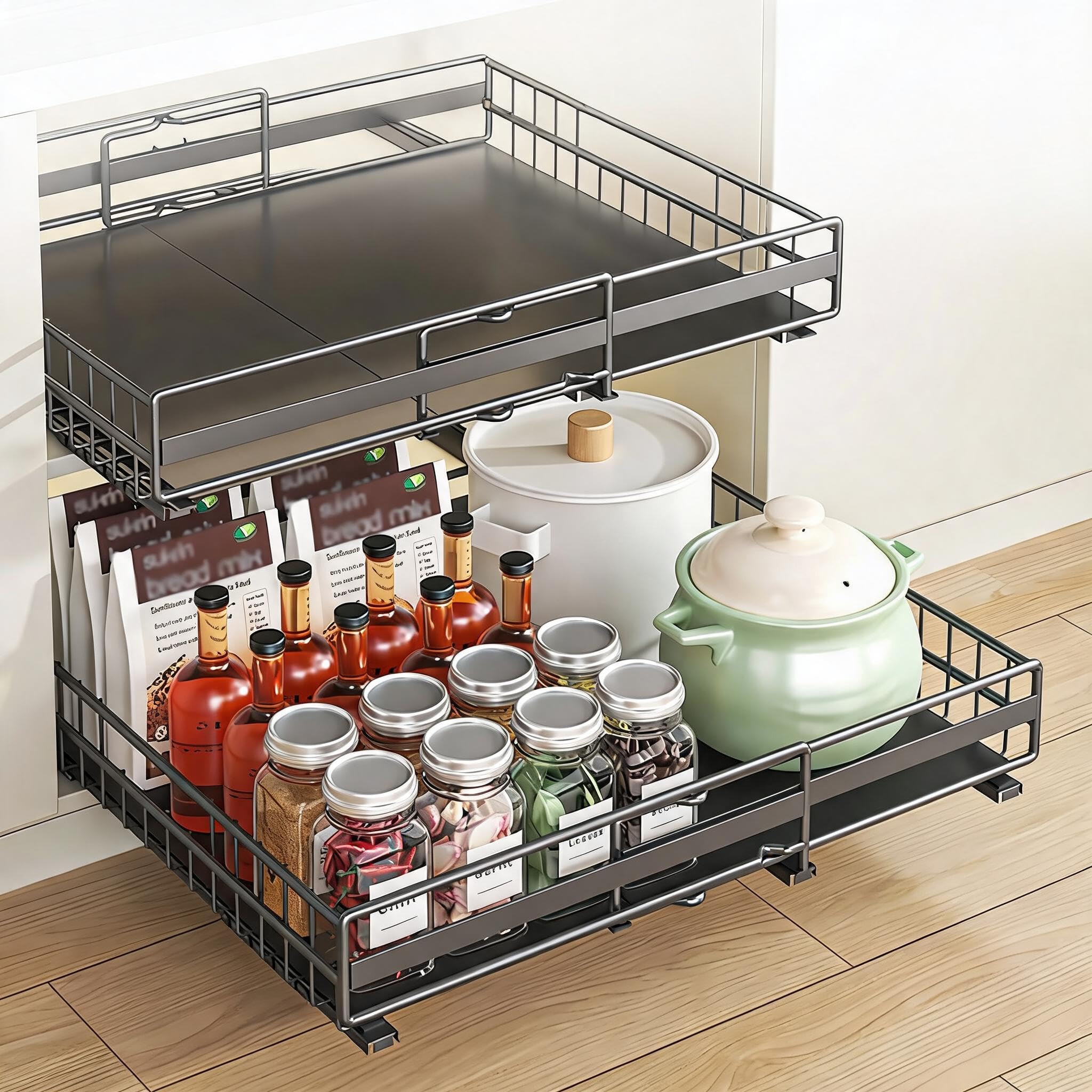 GarveeHome Estante Deslizante Extensible para Armario de Cocina - Cajón Extraíble sin Perforar - Ajustable 31-49 cm - Acero Carbono - Blanco, Altura 8 cm